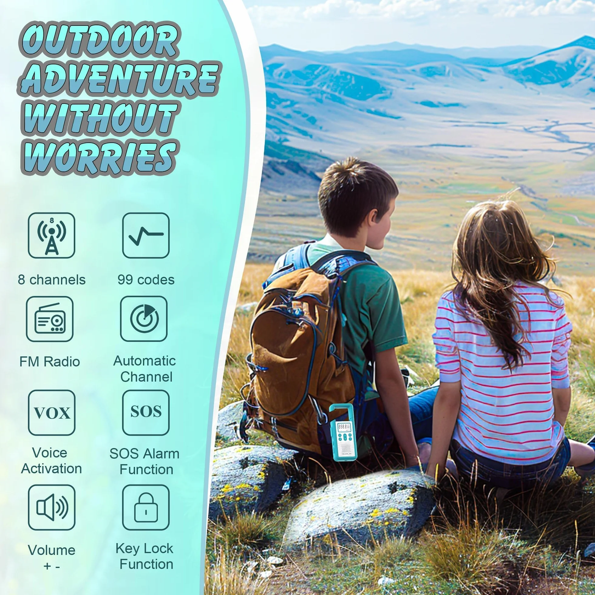 Walkie Talkie Largo Alcance, QUOLIX 4pcs Profesional USB Recargable con Batería Incorporada 8 Canales Radio - Fácil Emparejamiento Alerta SOS Activado por Voz VOX LED Linternas para Adultos Niños