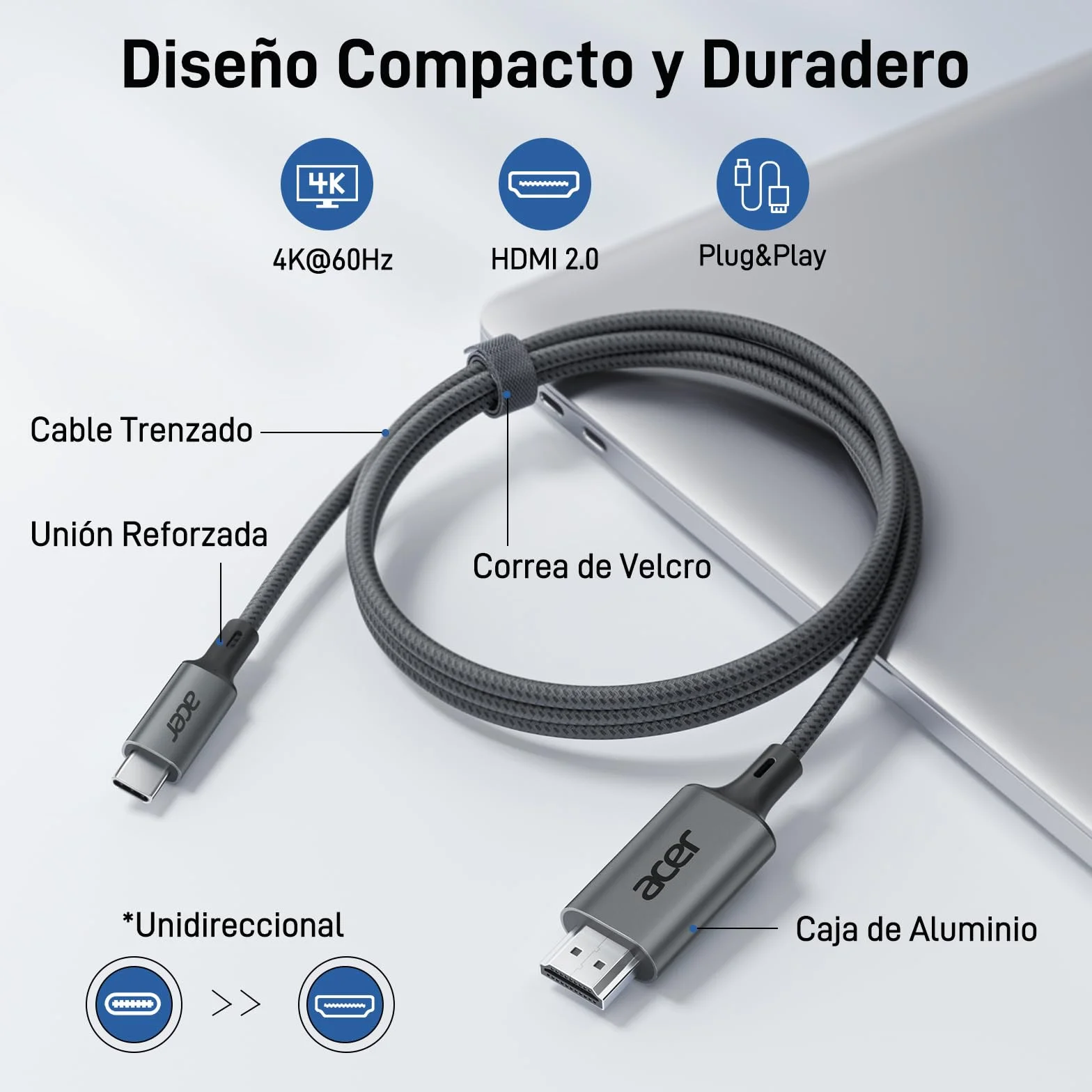 Acer Cable USB C a HDMI 4K@60Hz Thunderbolt 3/4 Tipo C a HDMI 2.0 2 Metros
