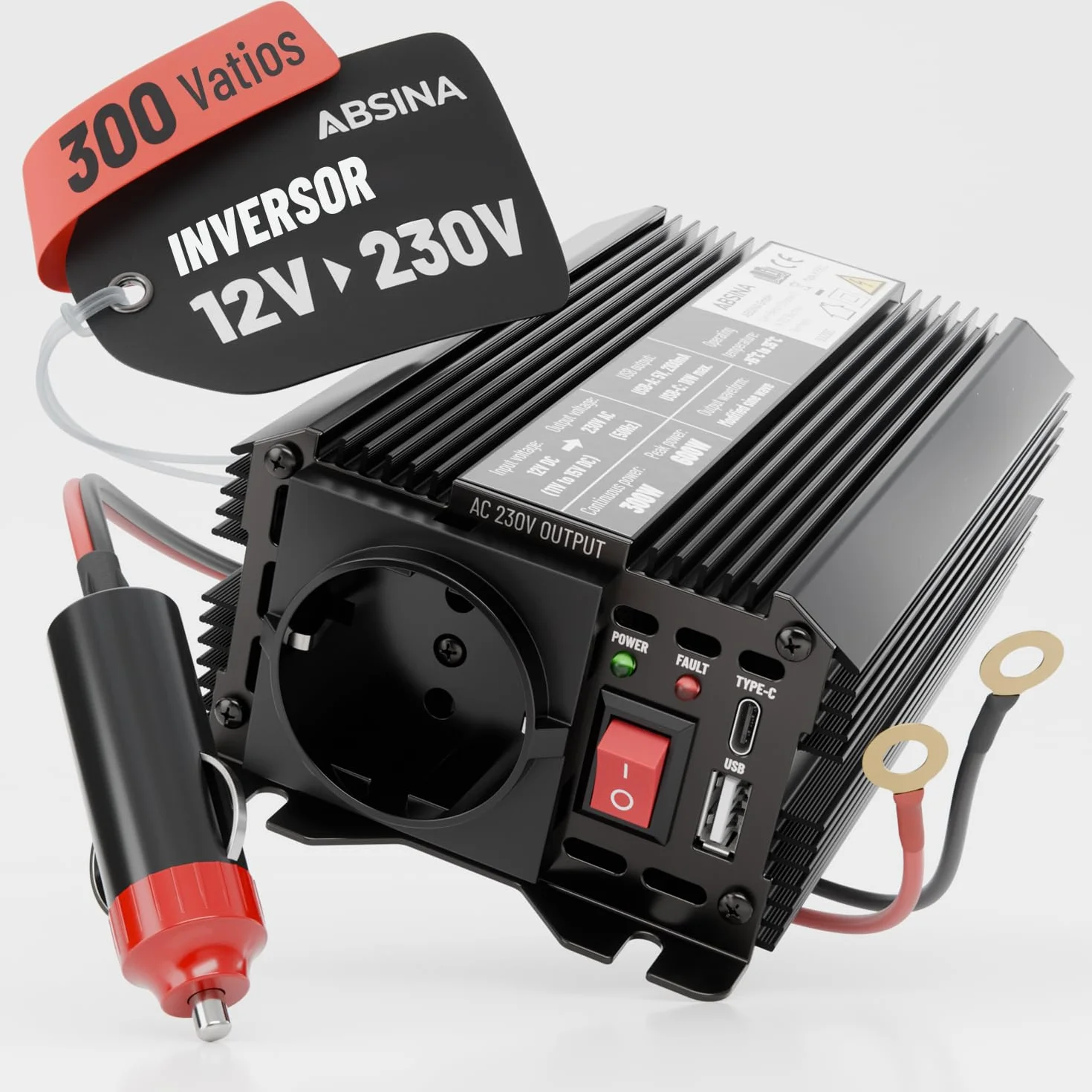 ABSINA Transformador 12/220 Voltio - Adaptador 12V a 220V de Onda Sinusoidal Modificada - Inversor 300W con Potencia Pico 600W - Camper Furgoneta Accesorios, Convertidor de Corriente 12V a 220V