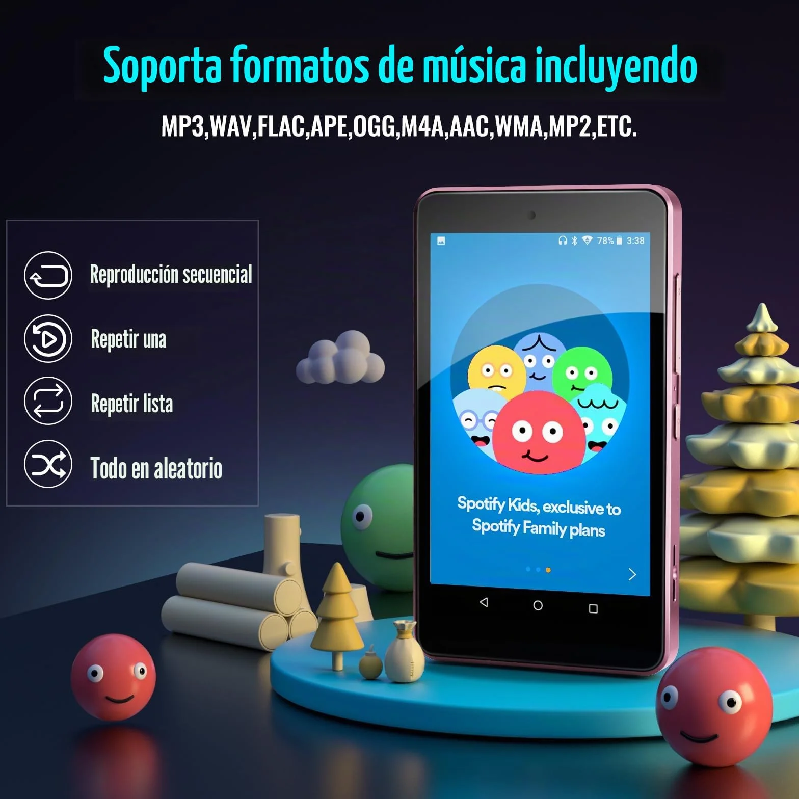Reproductor de MP3 para niños con Spotify, controles parentales, Spotify Kids, Audible, Amazon Music, Libby, reproductor de música IPS de 4 pulgadas para niños de hasta 512 GB (rosa claro)