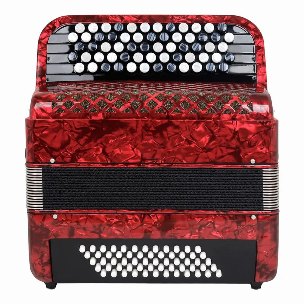 37 teclas, 60 teclas de bajo, estilo profesional de mano Bayan, cuerpo de xilófono sólido, dos colores rojo y azul, fuelle de cuero, patrón de pintura de piano de superficie, adecuado for principiante
