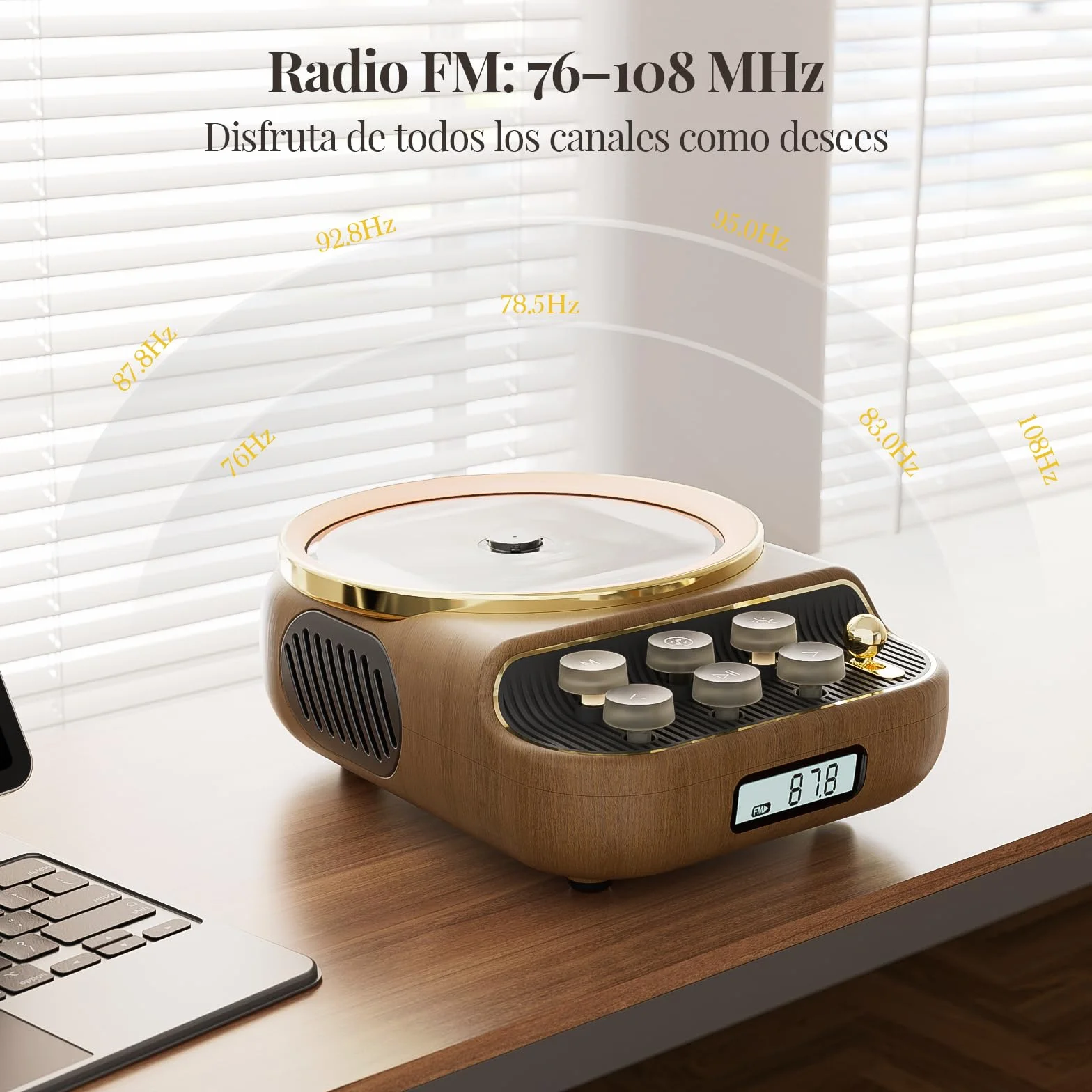 Reproductor de CD con Bluetooth 5.3, Altavoces, Radio FM, Control Remoto, Madera