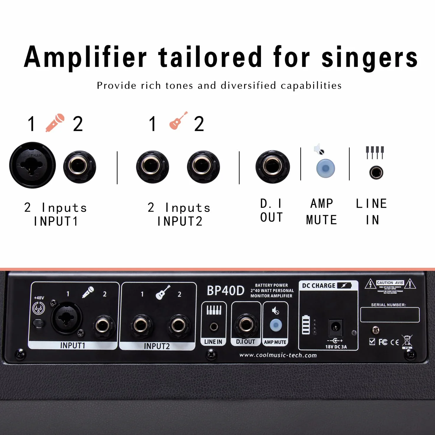Coolmusic BP40D Amplificador de Guitarra acústica - Altavoz Bluetooth portátil de 80 W W/batería con Efecto de retardo de Coro reverberación, 6 entradas, Ecualizador de 3 Bandas