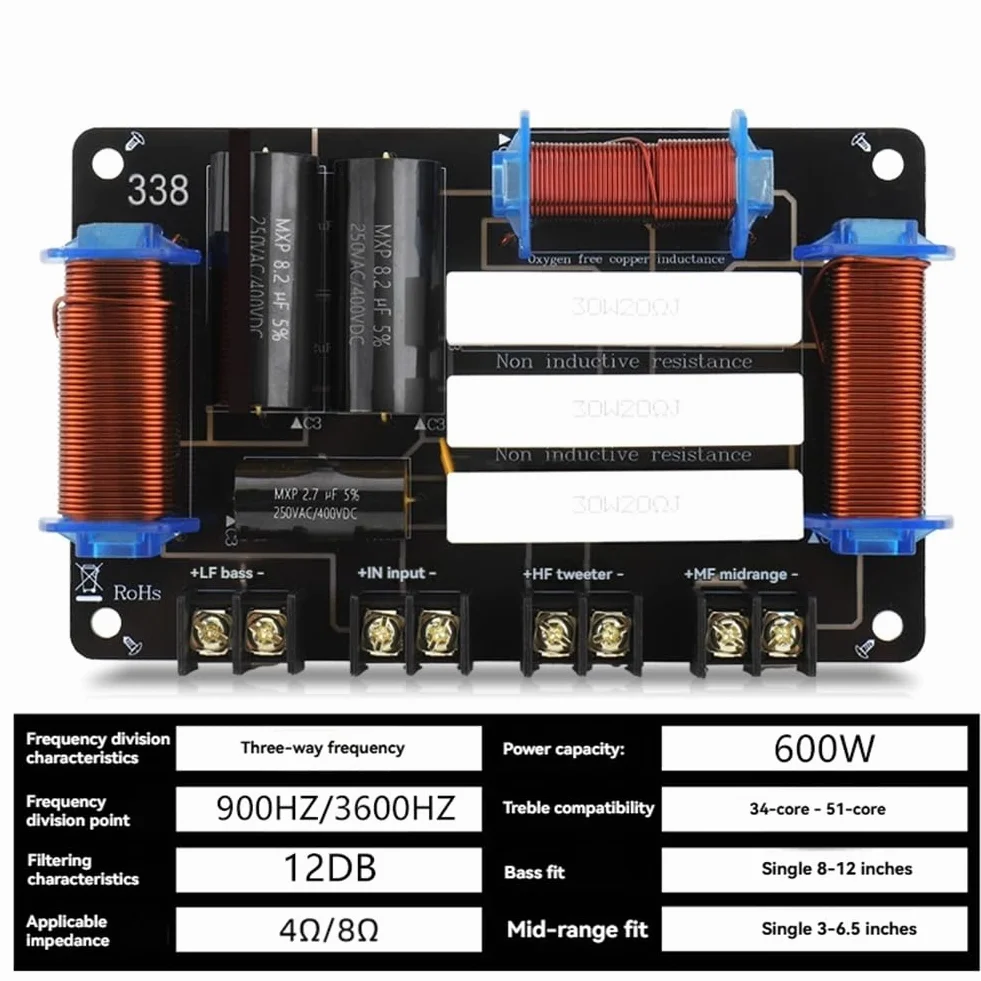 Divisor de Altavoz de 3 Vías 600W 4/8 Ohmios para Altavoces de 8, 10, 12 Pulgadas
