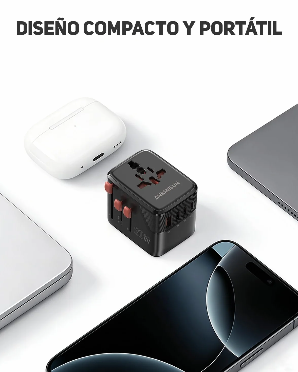 Adaptador Enchufe Universal, Internacional Adaptador de Viaje con 3 USB-C(PD 20W) y 1 USB-A, Enchufe Viaje para EU, UK, Americano, Japon, Australia, Negro