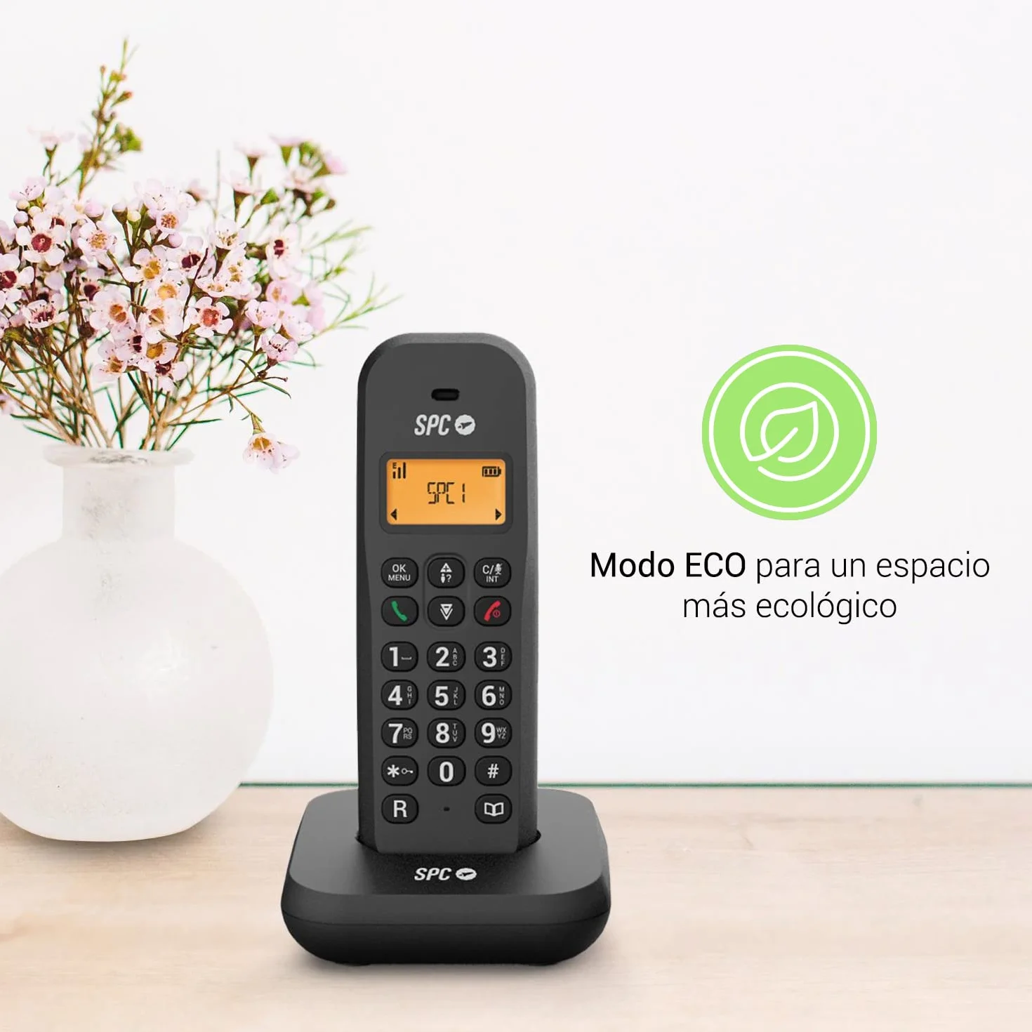 SPC Keops Teléfono Inalámbrico con Pantalla Iluminada Identificador de Llamadas Agenda 50 Contactos Modo Eco Compatibilidad Gap Negro