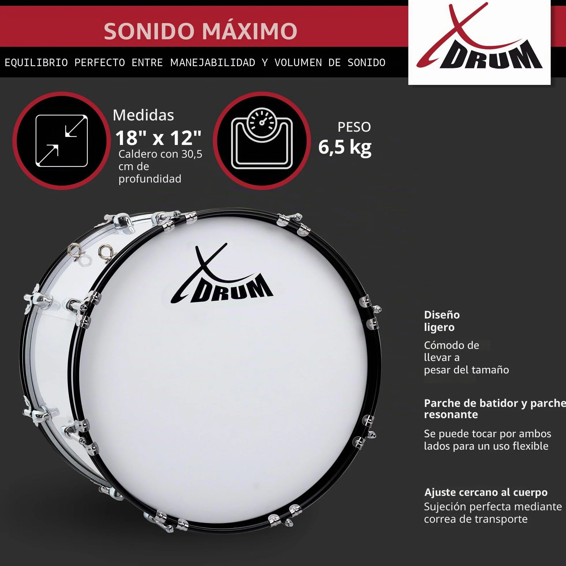 XDrum MBD-218 Tambor de marcha 18x12" - Bombo grande, 6,5 kg; 4 anillas de sujeción; 8 tornillos de tensión por lado; incluye mazas, correas, llave de afinación; blanco