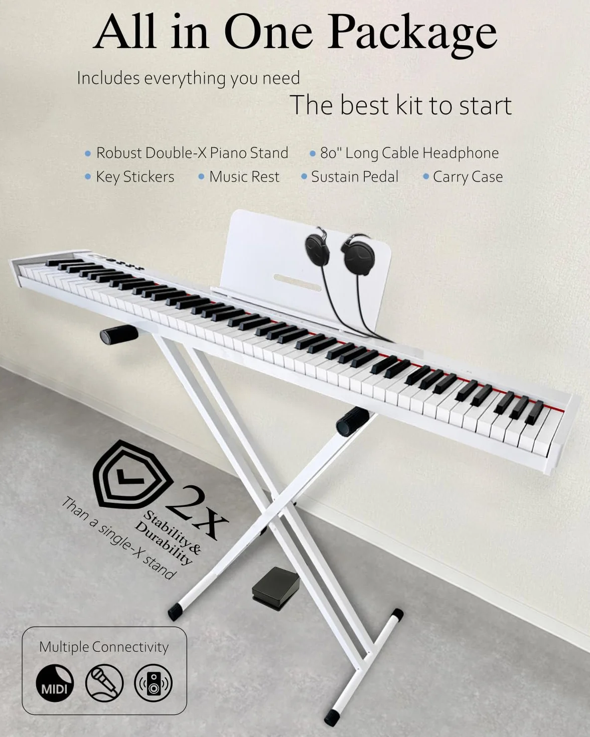 Longeye Piano Eléctrico 88 Teclas–Teclado Piano y Portátil con Soporte, Semicontrapesadas, Pedal de Sustain, Atril y Bolsa de Transporte–Blanco(Slim-88)