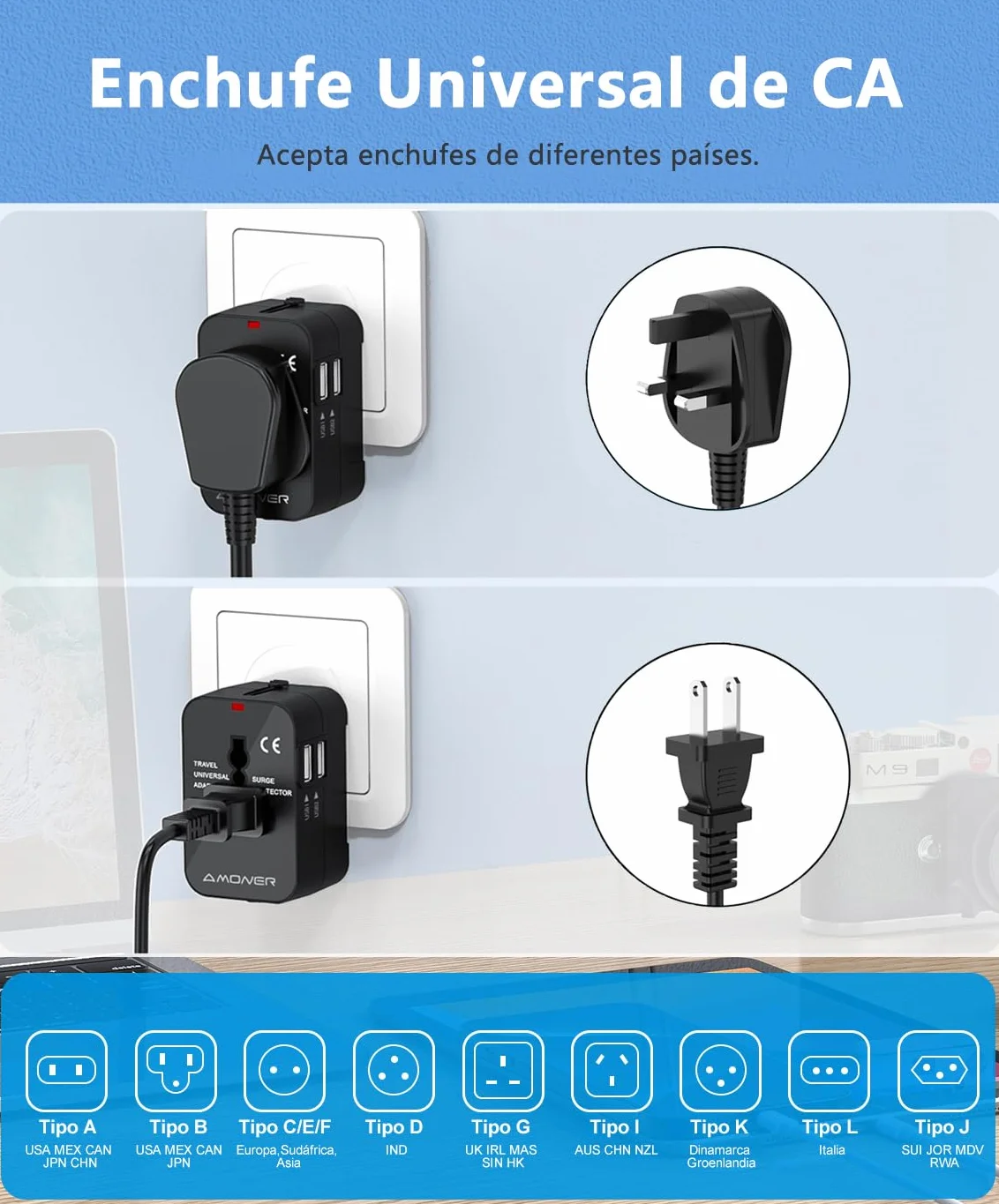 Amoner Adaptador Enchufe De Viaje Universal Enchufe Adaptador Internacional con Dos Puertos USB para USA Europa UK Irlanda Tailandia AU Japón China Canadá