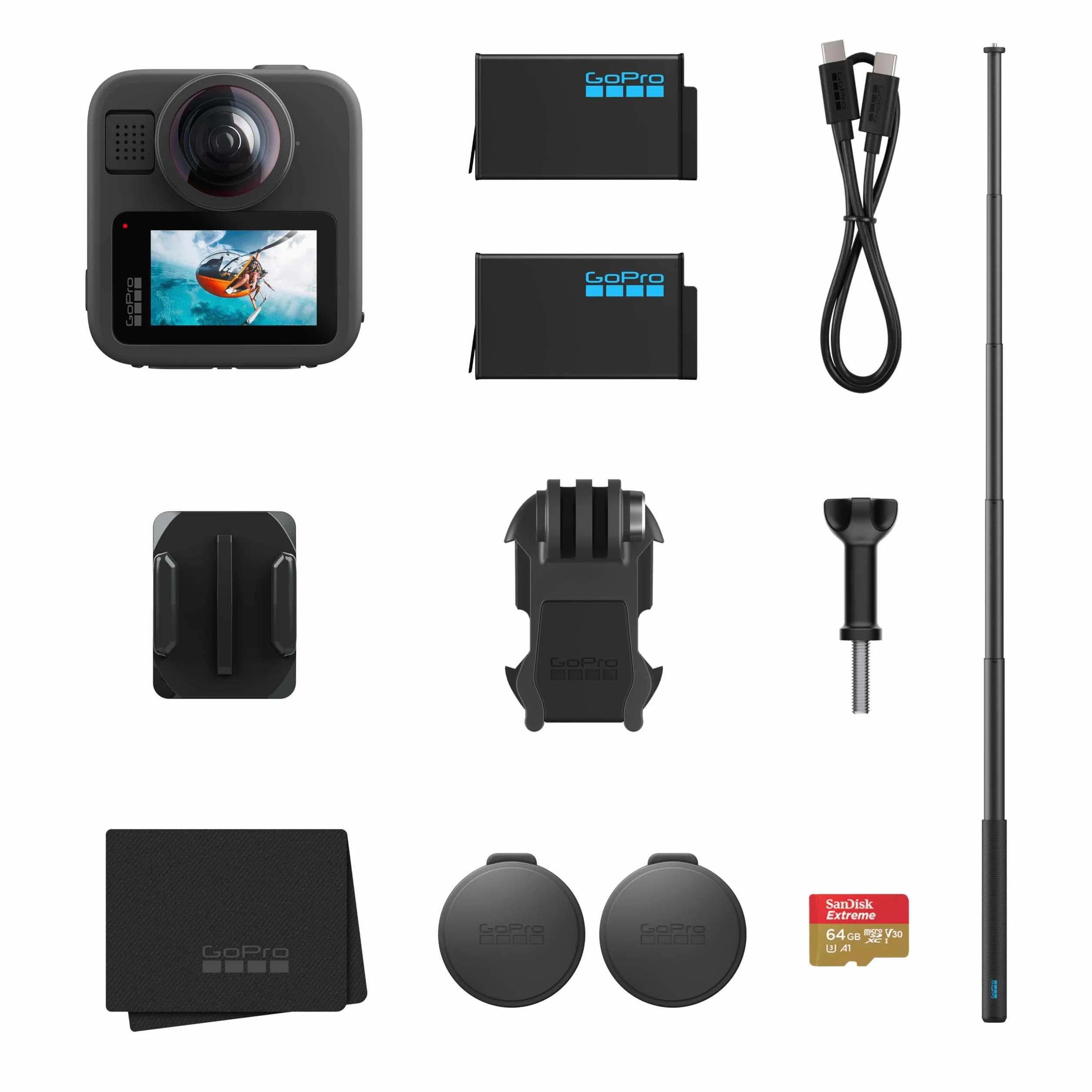 Paquete GoPro MAX2 + Accesorios: Incluye Poste de extensión de 1,2 m (4 pies), 2 baterías Enduro de 1960 mAh y Tarjeta microSD SanDisk de 64 GB