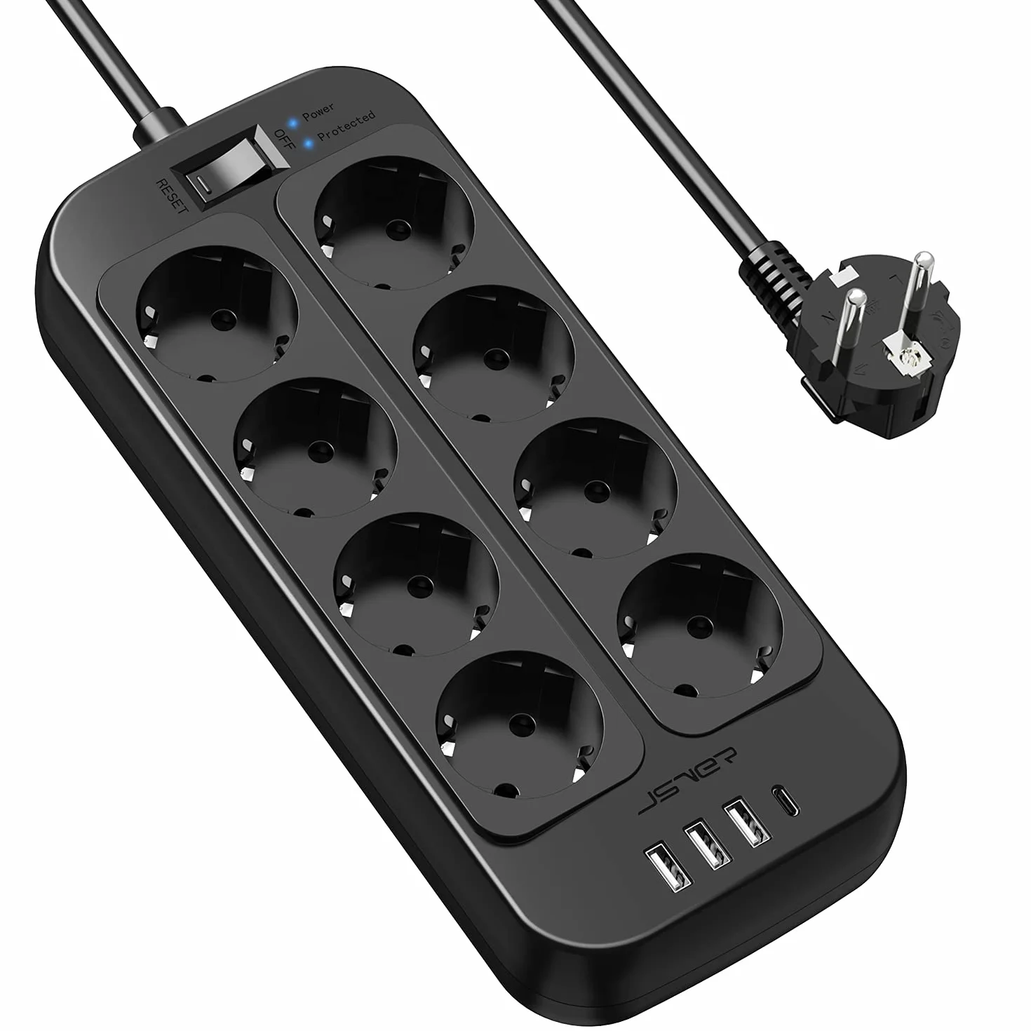 JSVER Regleta Enchufes USB 8 Tomas 4 Puertos 5V3.4A Protección Sobretensión Cable 1.8m Negro