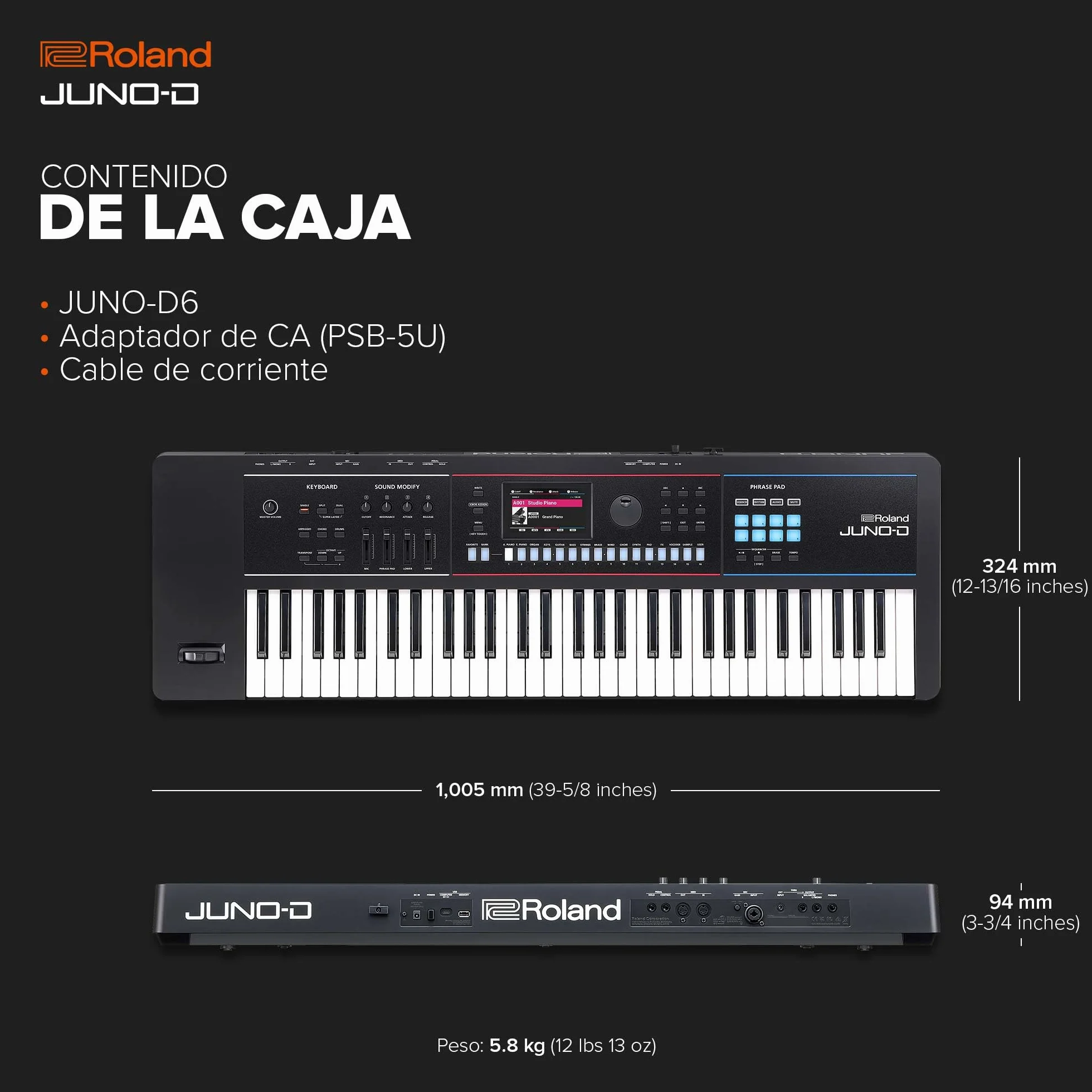 Sintetizador Roland JUNO-D6 | Teclado de 61 notas con acción de sintetizador | Generador ZEN-Core con más de 3.800 sonidos integrados | Intuitivas herramientas creativas | Interfaz de audio/MIDI USB-C