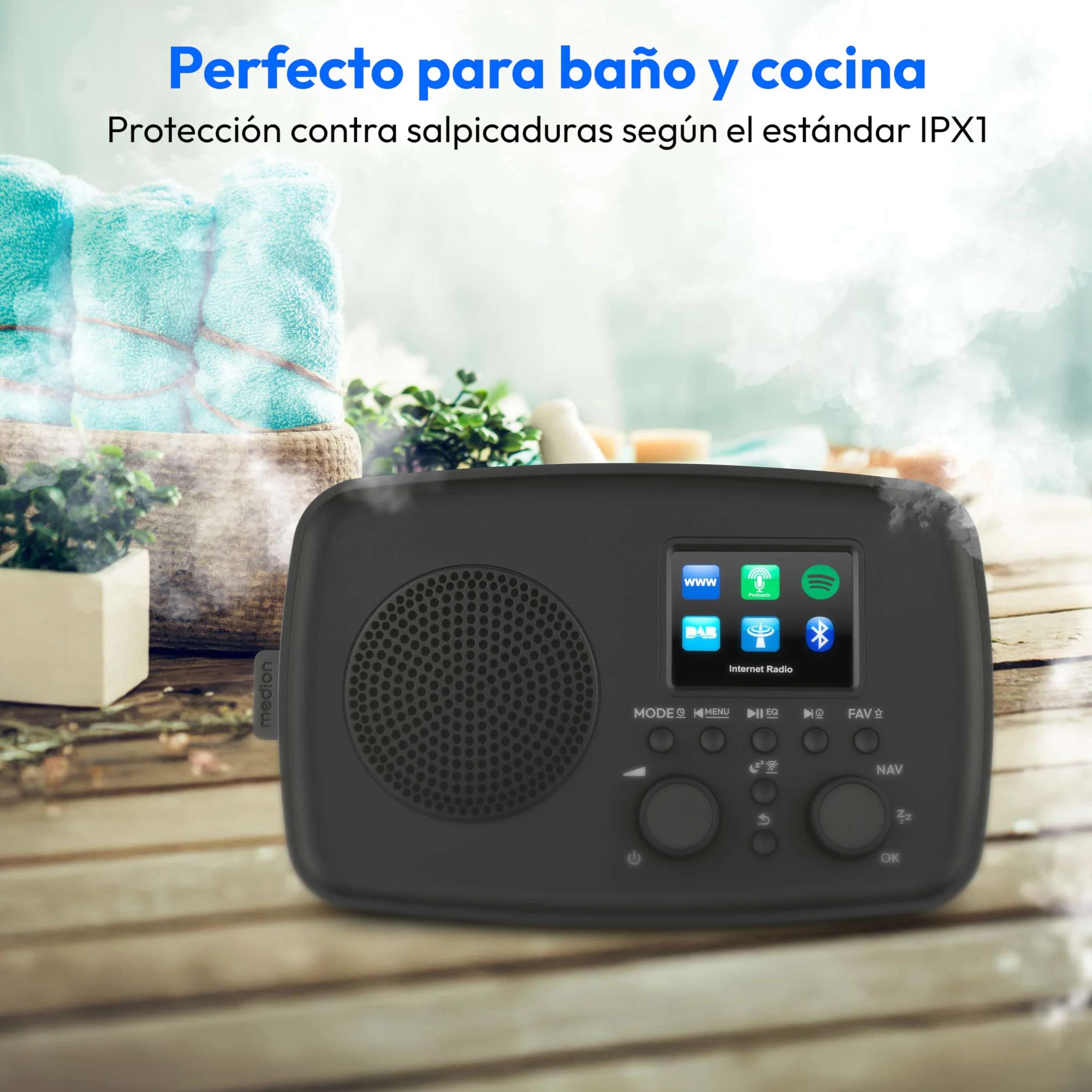MEDION Radio por Internet con Dab+ IRE-1 (Dab+, Wi-Fi, FM, Bluetooth, protección contra Salpicaduras, Antena telescópica, Spotify Connect, Alarma, dimmer) Negro