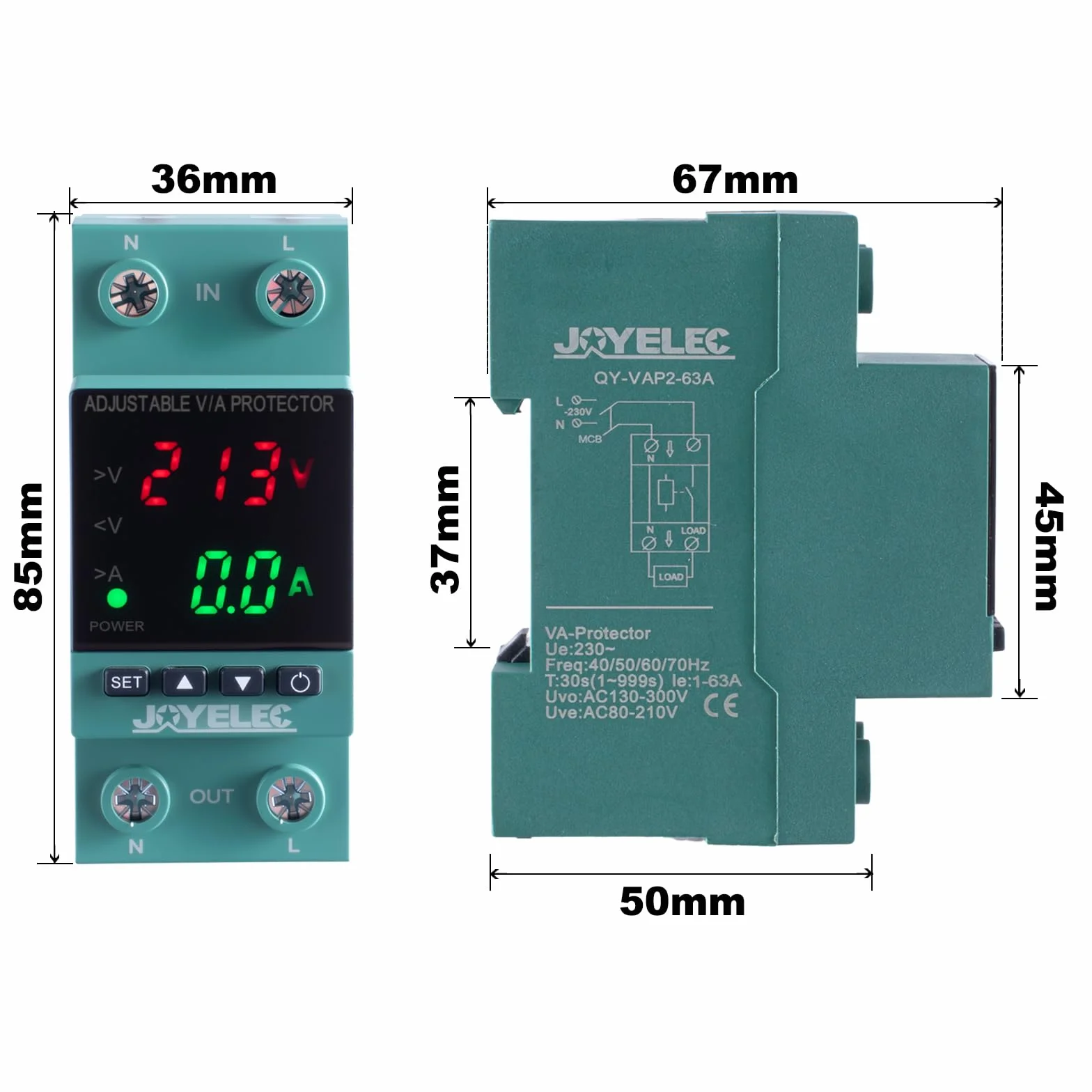 Protector Sobretensiones, Dispositivo Ajustable Subtensión Estabilizador Voltaje AC230V 63A 2P, Restablecimiento Automático, Protección Sobrecorriente,con Luz LED y Pantalla Voltaje