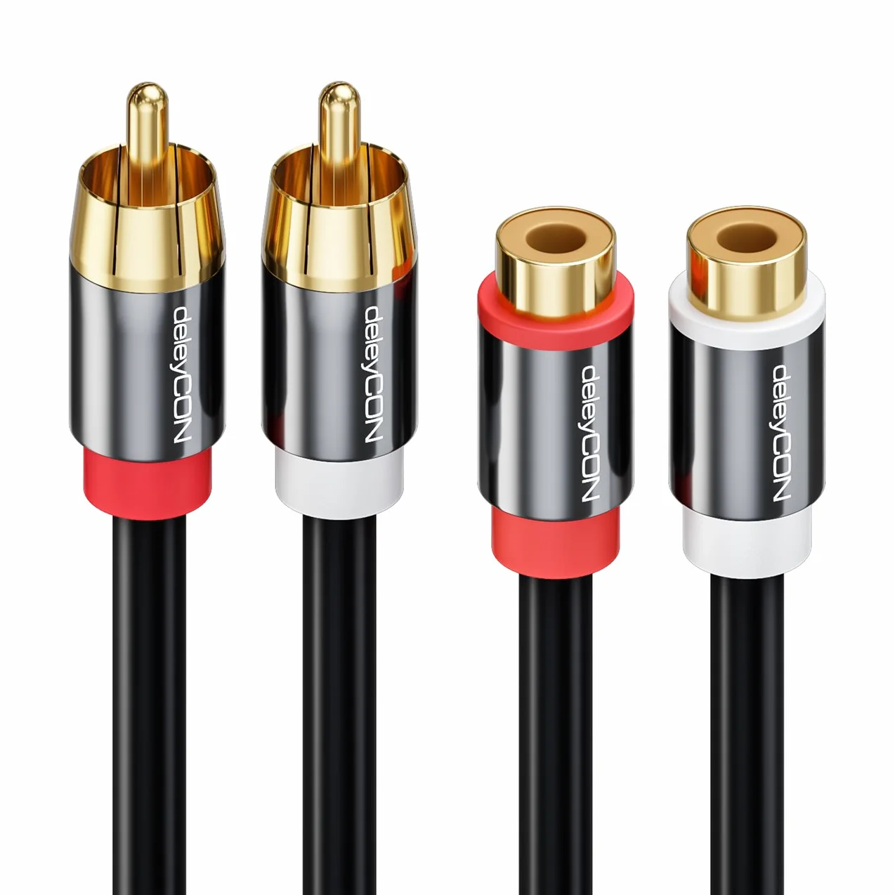 deleyCON 15m Cable Extensión Audio Estéreo Cinch RCA 2x Conector a 2x Hembra Metálicos Dorados Negro