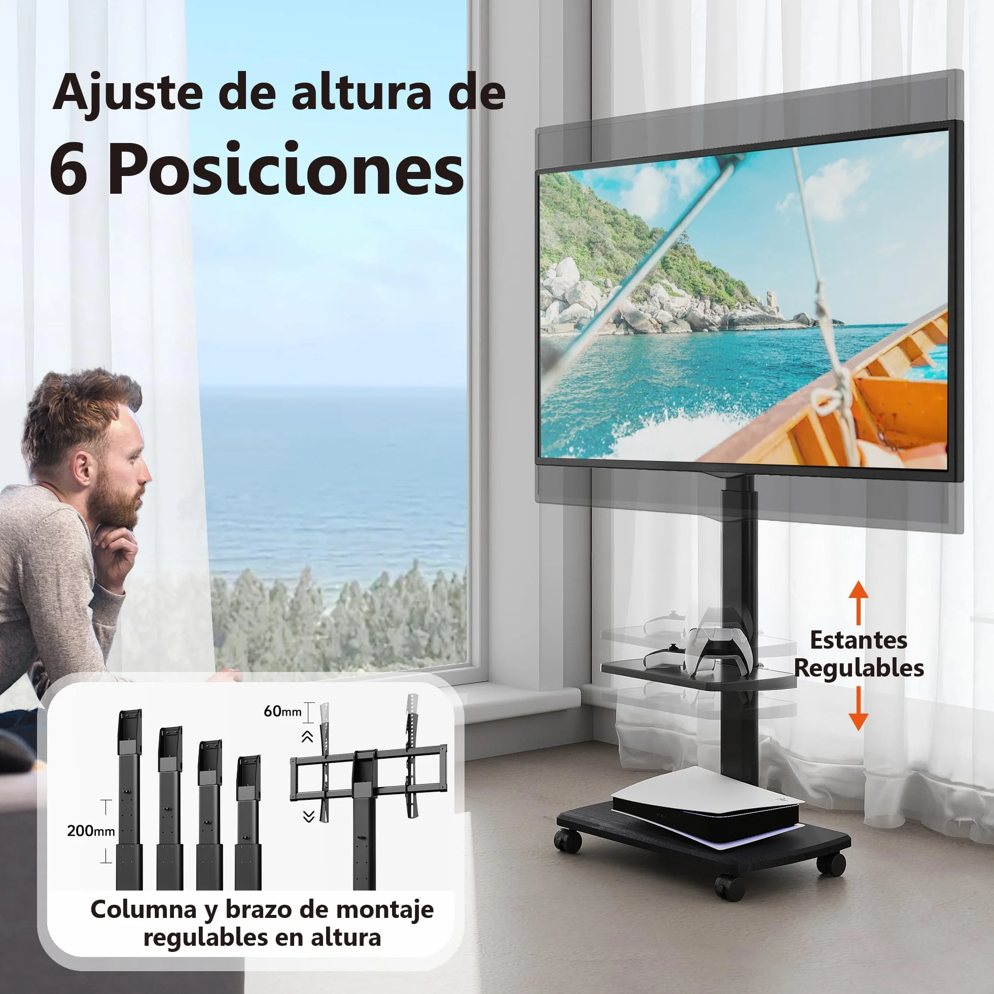 FITUEYES Soporte TV de Pie Ruedas para Pantallas de 32 a 70 Pulgadas con Base de Madera,MAX VESA600*400mm,Soporte de TV con Ruedas con Giro de Placa,Ajuste de Altura,Gestión de Cable,con Estante