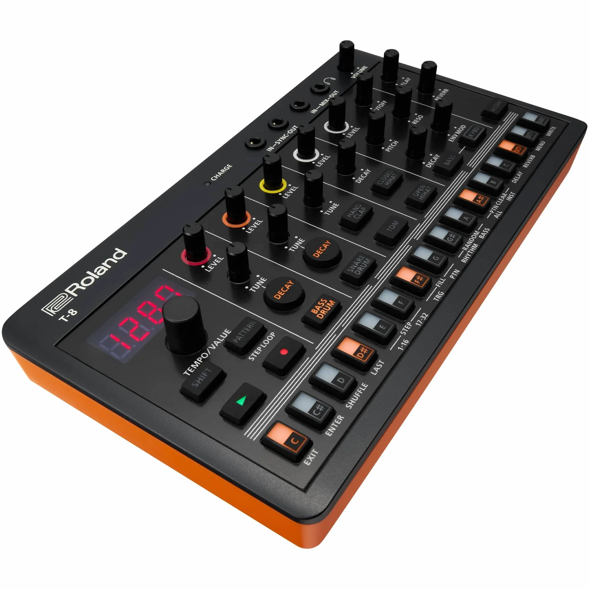 ROLAND AIRA Compact T-8 BEAT MACHINE | Máquina de ritmo y bajo ultraportátil con original Roland Sounds | Seis pistas rítmicas con sonidos de TR-808, TR-909 y TR-606, negras y naranjas
