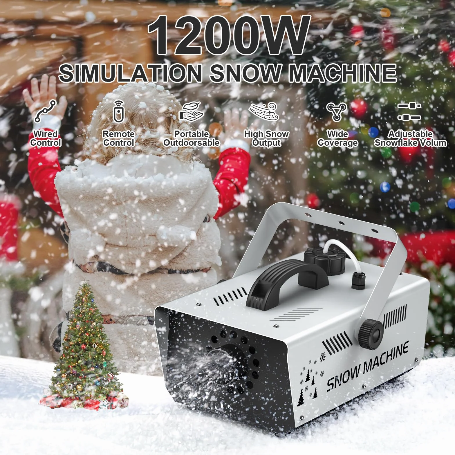 Máquina de Nieve de 1200 W con Luces LED RGB, Máquina de Nieve Control Remoto, para Halloween, Navidad, Bodas, Fiestas, Escenarios de DJ