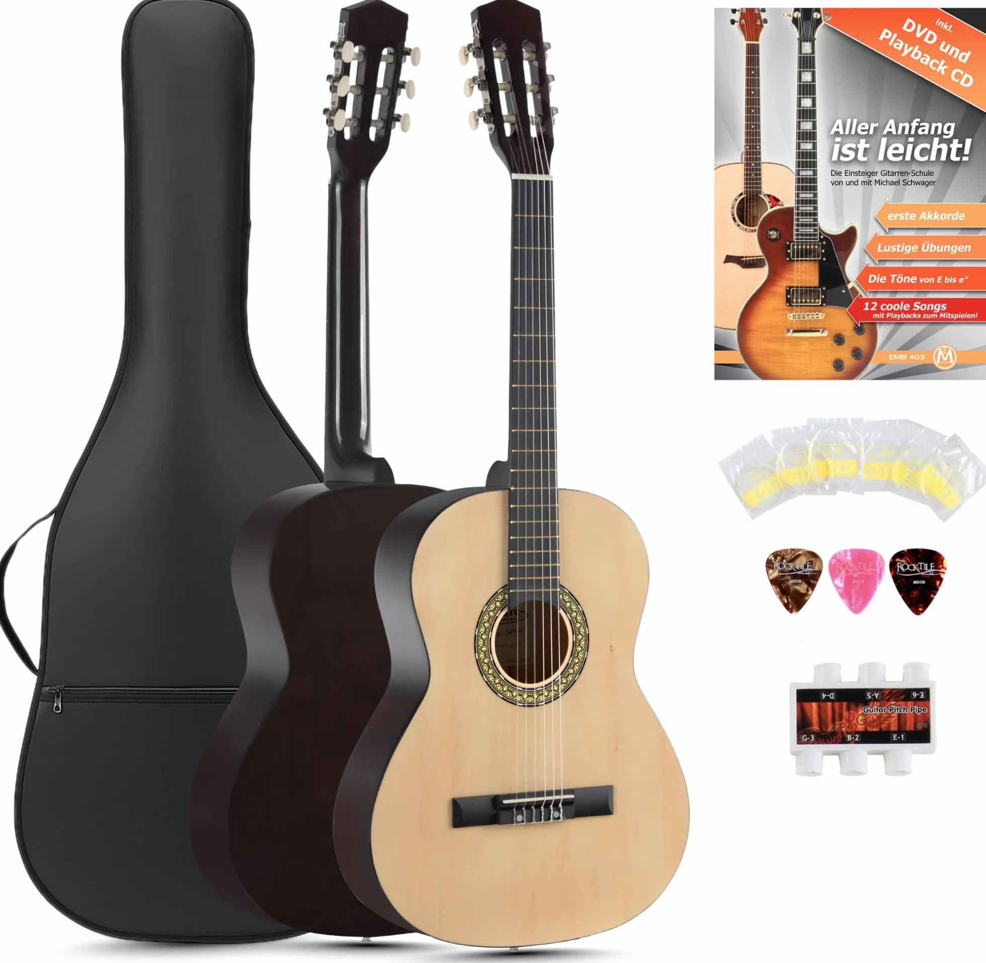 Classic Cantabile Acoustic Series AS-851-L Guitarra Clásica 7/8 para zurdos SET de inicio (guitarra de concierto, funda/bolsa, escuela, CD, DVD, púas, cuerdas, afinador) natural