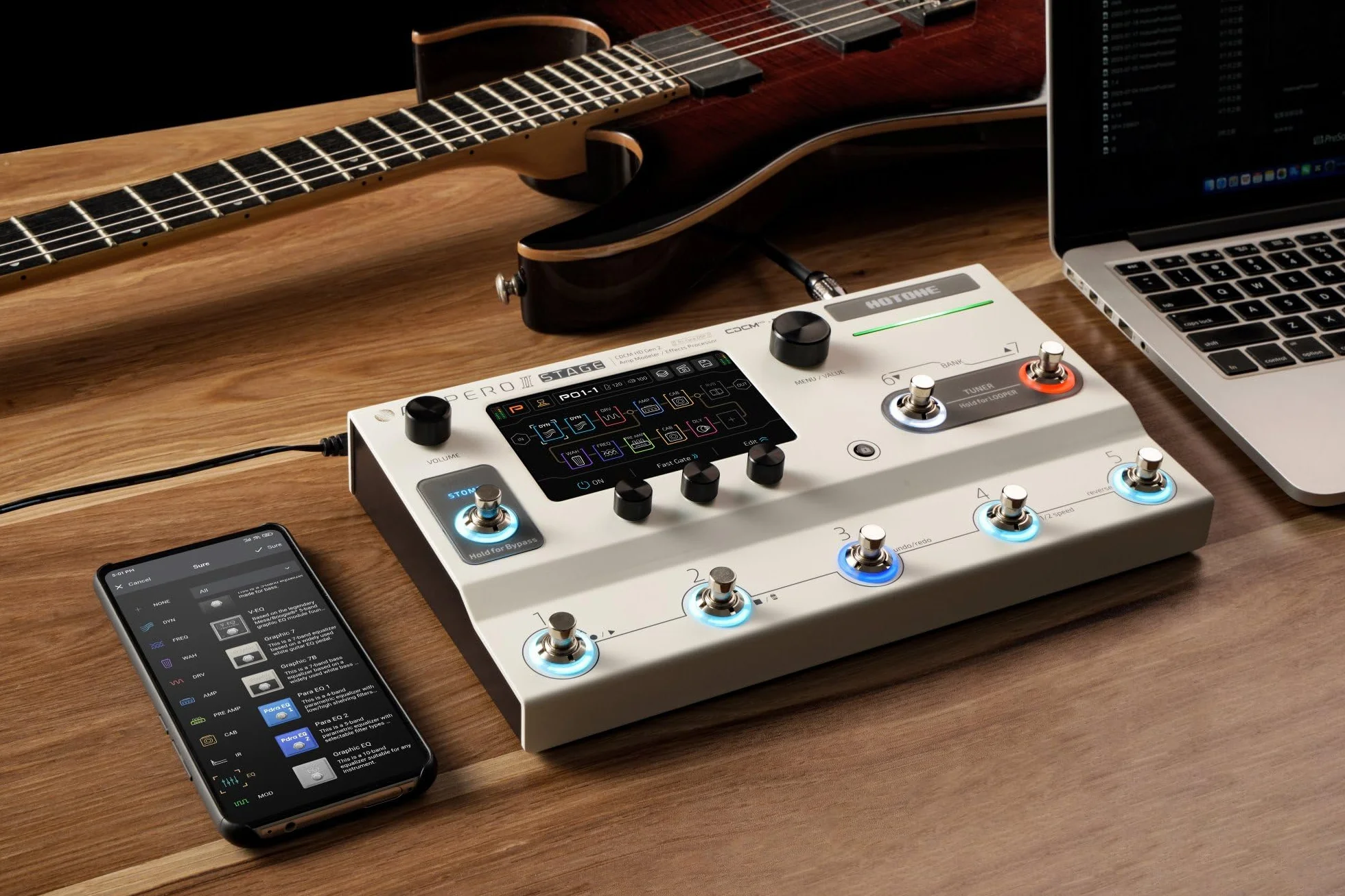 HOTONE Procesador de pedal multiefecto, pantalla táctil, guitarra, bajo, amplificador, modelado, gabinetes IR, simulación, cadenas de doble efecto con FX Loop MIDI I/O estéreo OTG, interfaz de audio