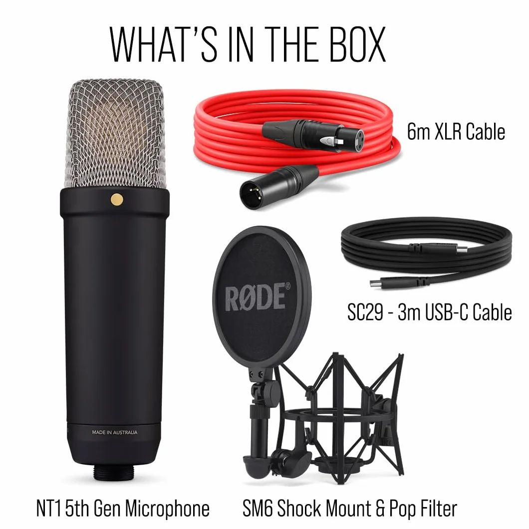 RØDE NT1 5a generación el micrófono con Condensador y Gran diafragma, Salidas XLR y USB, Soporte antivibraciones y Filtro antipop para grabación Vocal, producción Musical y de podcasts (Negro)
