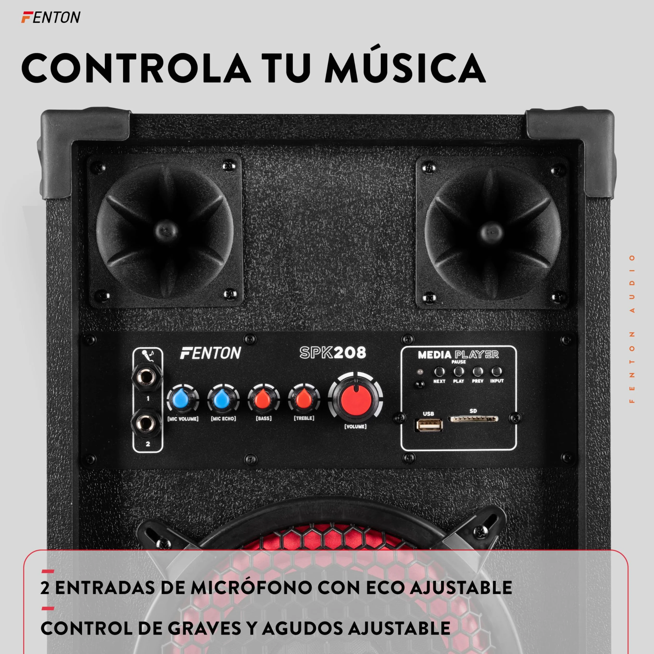 Fenton SPK208 – Altavoces Activos PA Doble woofer 8 Pulgadas con Amplificador Integrado, Bluetooth, MP3, USB, SD, Dos entradas de Micro Eco Ajustable, Ideal para Fiestas, Karaoke y Eventos.
