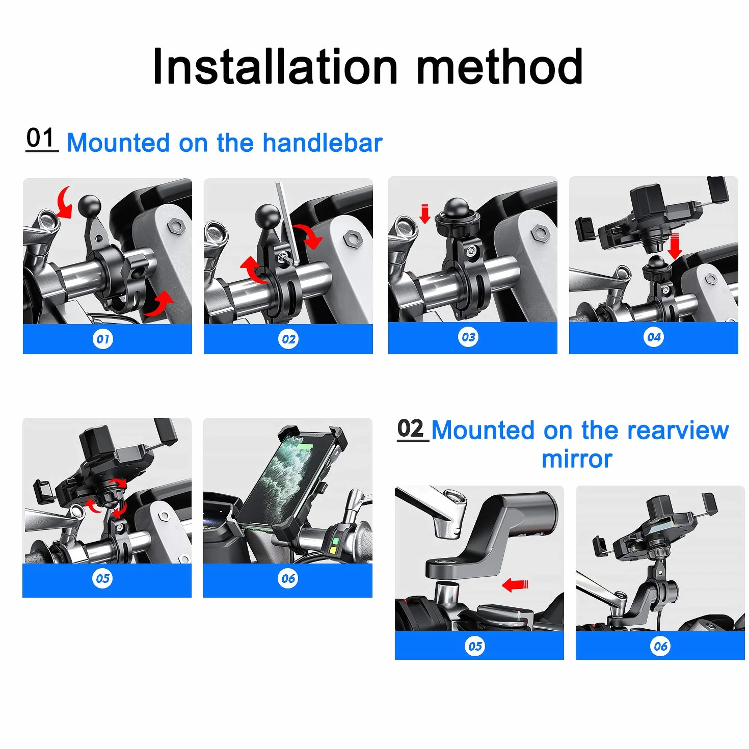Jeebel Soporte para Teléfono de Motocicleta, 2 en 1 QI Inalámbrico QC 3.0 USB con Rotación 360° Ajustable para 4-7 Pulgadas