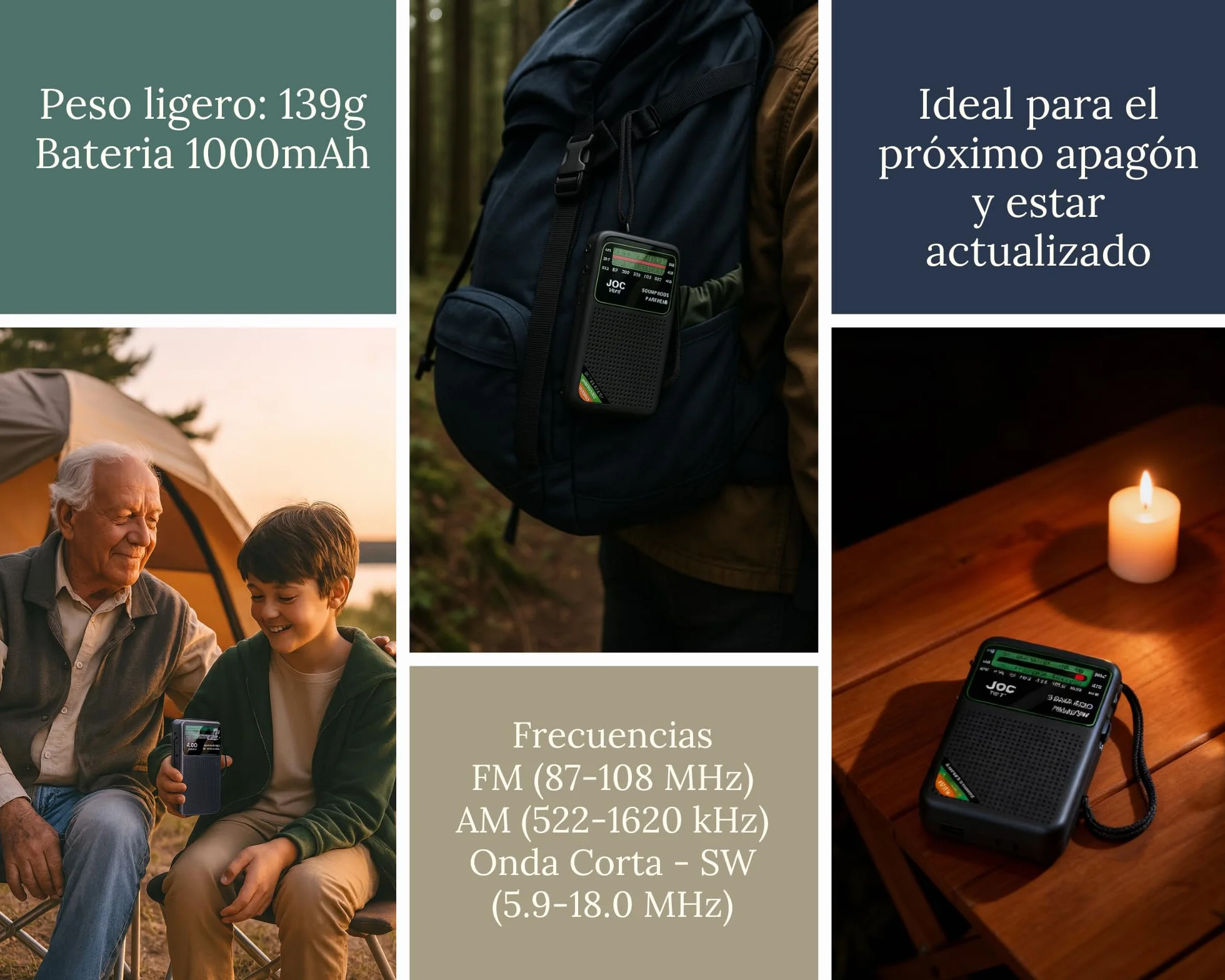 Radio Portátil Recargable Pequeña + Bateria Extra de Regalo, Radio de Bolsillo Pequeña, Carga USB-C, Entrada Auriculares Radio Transistor Analógico Am/FM/SW para Emergencias, Camping y Apagones