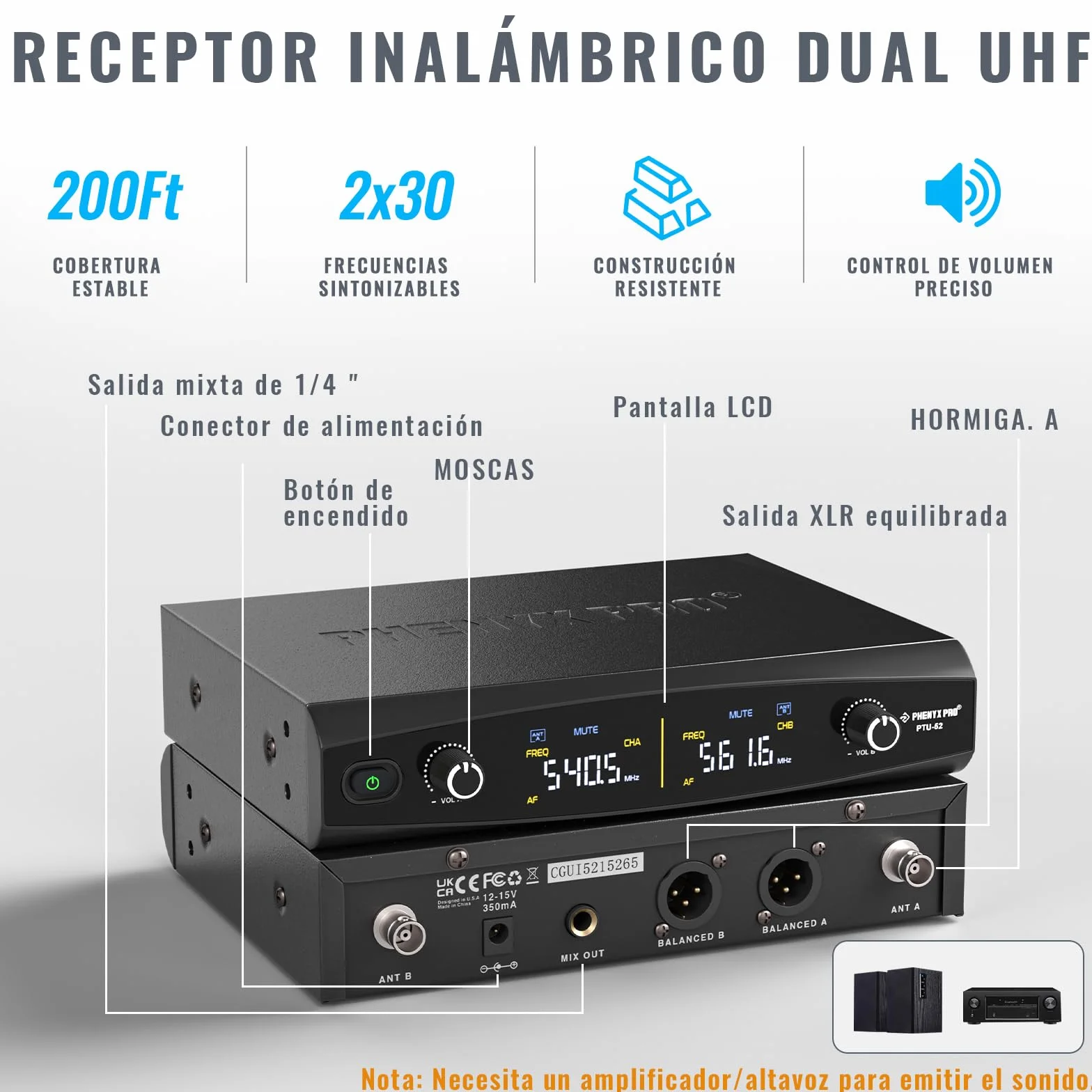 Phenyx Pro UHF Metal Sistema de micrófono inalámbrico Profesional con 2x30 Frecuencias, 2 Bodypacks y Diadema/micrófonos de Solapa para Hablar, Cantar, Iglesia, DJ (PTU-52-2B)