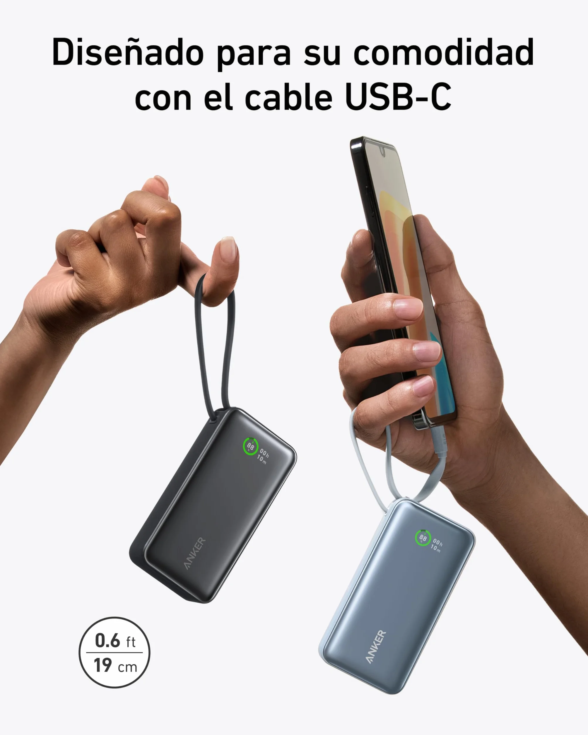 Anker Nano Power Bank 10.000 mAh Powerbank con Cable USB-C Integrado, PD 30 W de Potencia Máxima con 1 x USB-C & A, Compatible con iPhone 17/16/15/14 Series, MacBook, Galaxy, iPad, AirPods y más