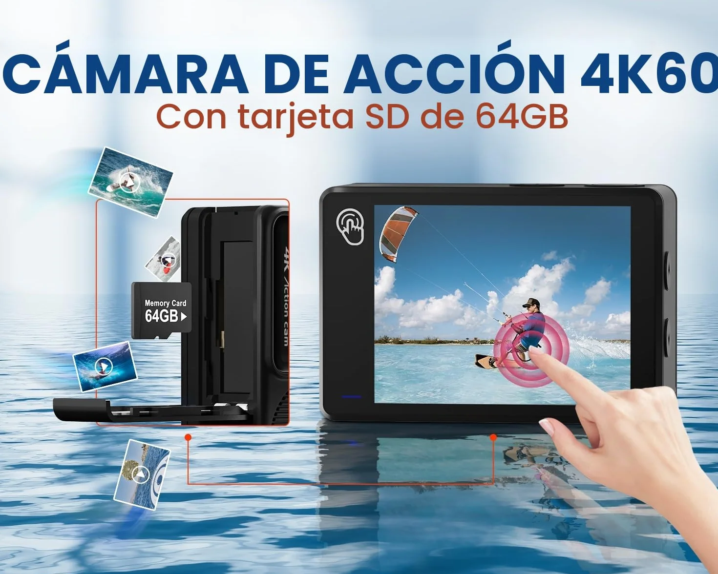 Cámara Deportiva 4K60FPS 48MP WiFi 64GB Acuática 40M Subacuática EIS 170° con Mando, Micrófono y 2 Baterías