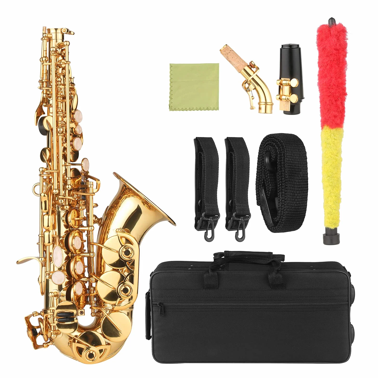 Saxofón Soprano BB Saxofón de latón Lacado en Oro con Estuche para Instrumentos Boquilla Correa para el Cuello Paño de Limpieza Cepillo para músicos Principiantes,saxófono