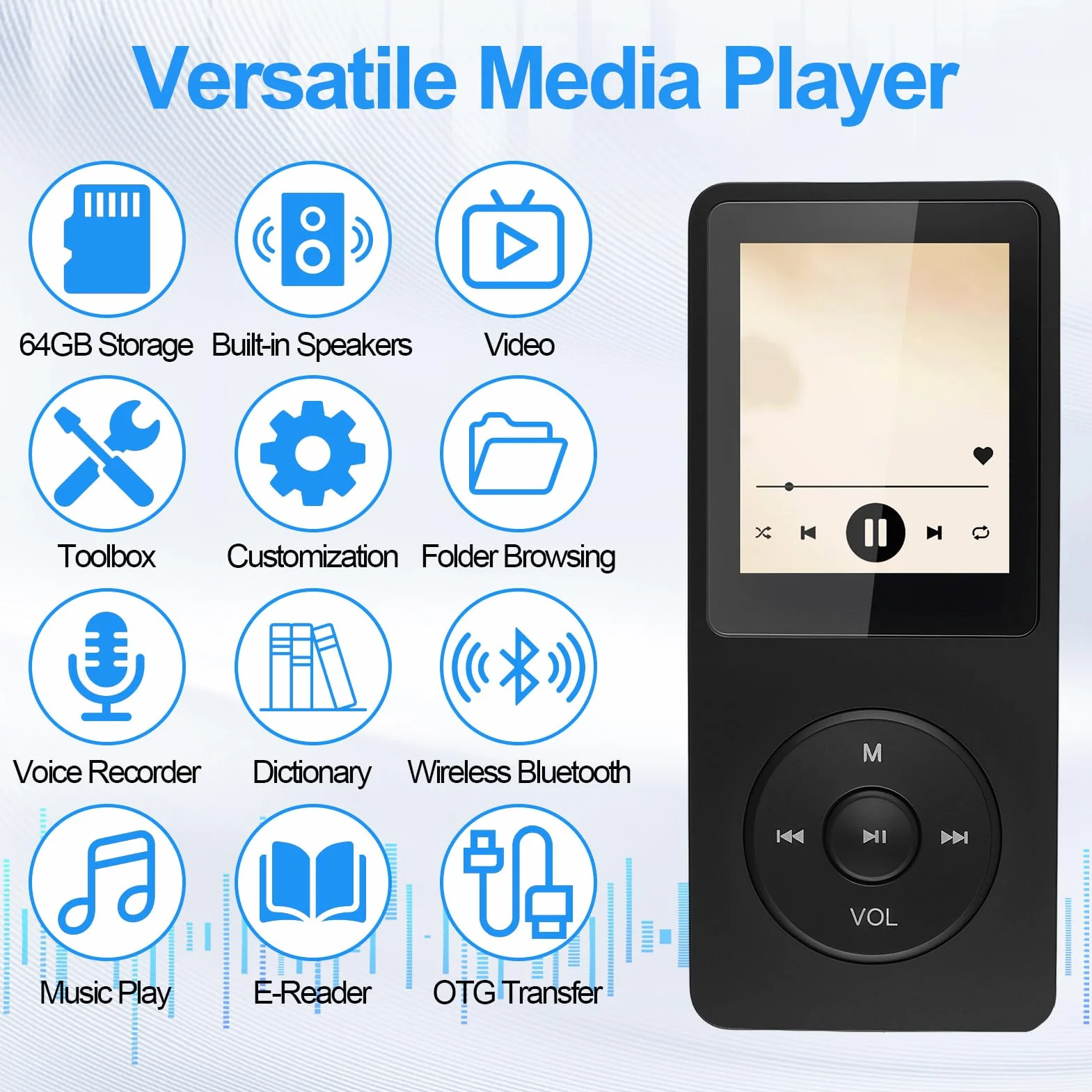 Reproductor MP3 Bluetooth 5.3, 64GB Reproductor de Música con Radio FM Grabadora de Voz, E-Book, HiFi sin Pérdida MP3 WMA Ape FLAC WAV Tarjeta TF hasta 128GB Auriculares con Cable y Adaptador OTG