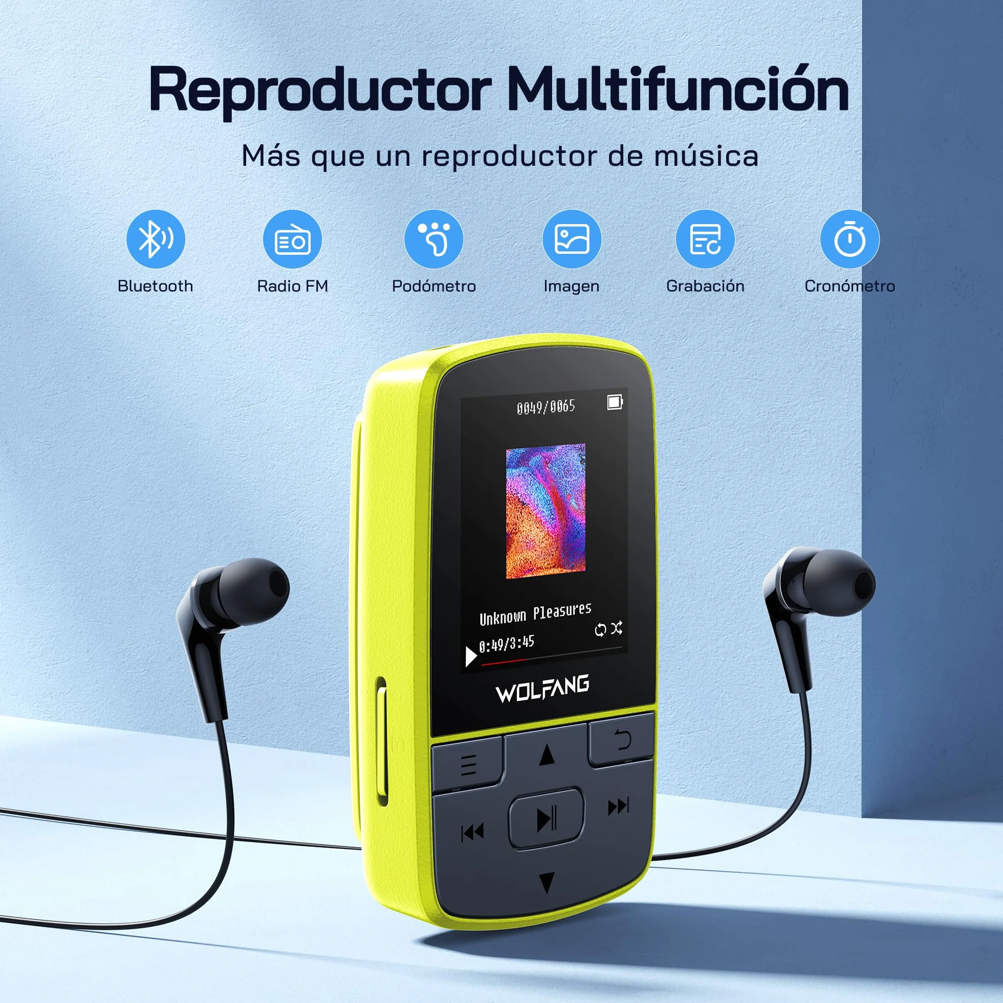 WOLFANG Reproductores de MP3 con Bluetooth 5.2, Clip Deportivo, tamaño Mini, Peso de 1 Onza, Radio FM HiF, grabadora de Voz, Auriculares incluidos, Verde Fluorescente