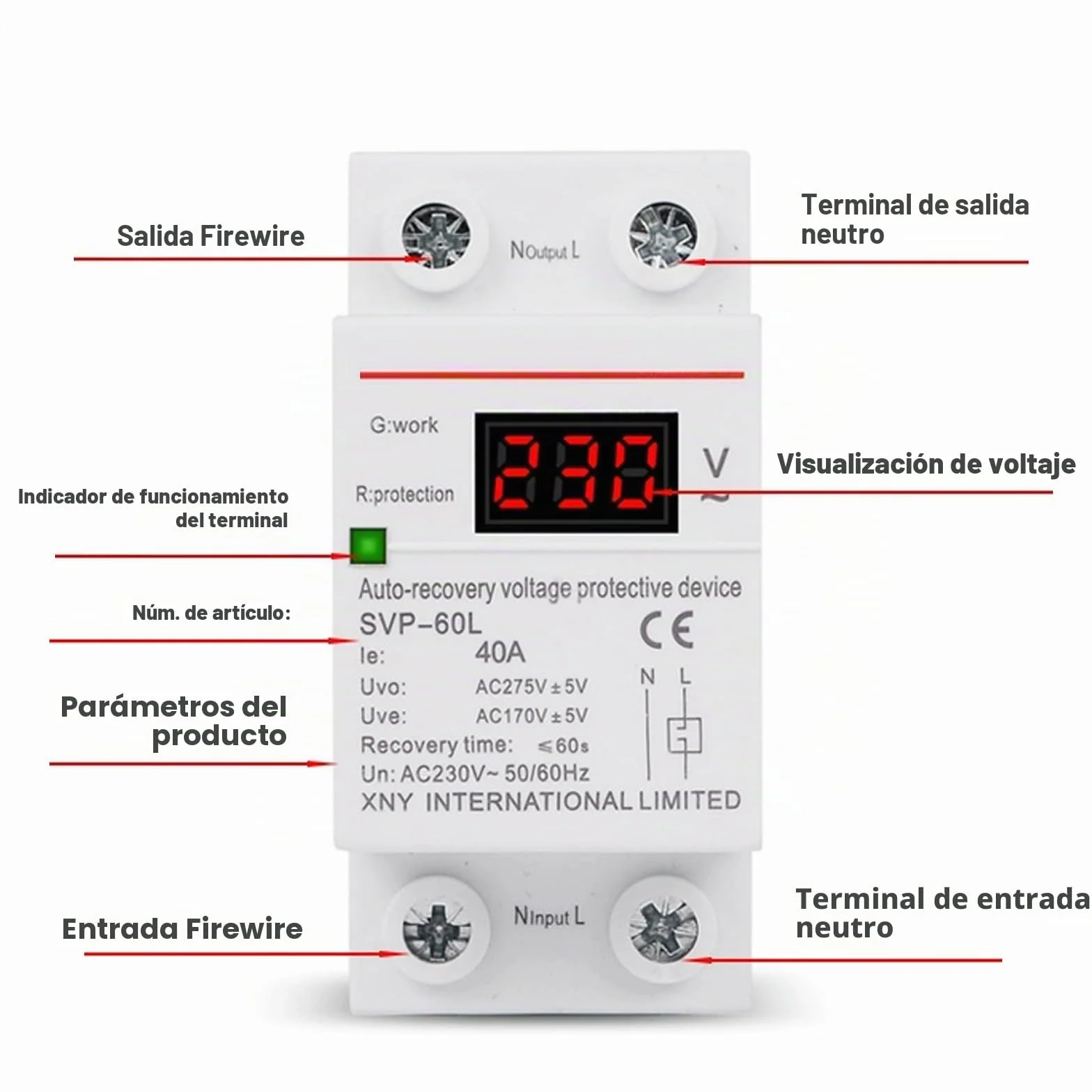 Jadeshay Dispositivo Protección Sobretensión Subtensión,230V 40A Voltaje Protector Carril DIN Recuperación Automática contra Sobrevoltaje y Bajo Voltaje con Luz Indicadora y Pantalla de Voltaje LED