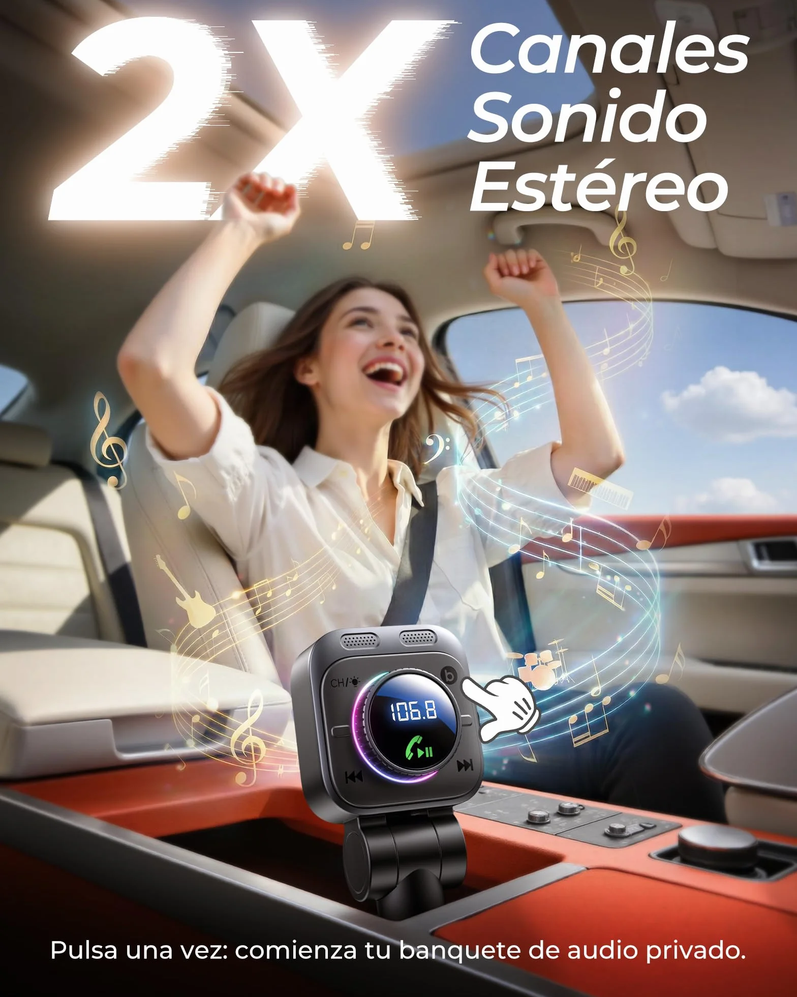LENCENT Transmisor FM Bluetooth 5.4 con Carga Rápida 72W, Adaptador de Coche con Cable USB-C Extensible de 72 cm, Manos Libres con Graves Potentes, Reproductor de Música USB para Viaje por Carretera