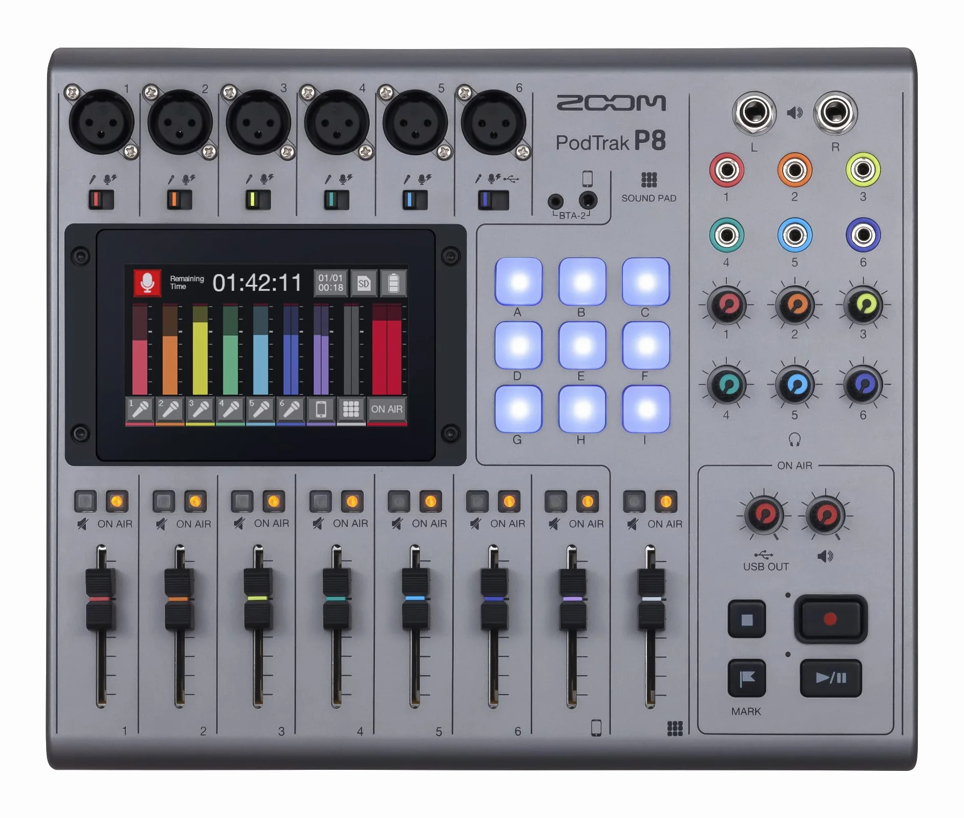 Zoom PodTrak P8 Grabador para Podcast, 6 entradas de micro, 6 salidas de auriculares, entrada Phone, Sound Pads, edición integrada, grabación en SD, interface de audio USB, alimentado por pilas