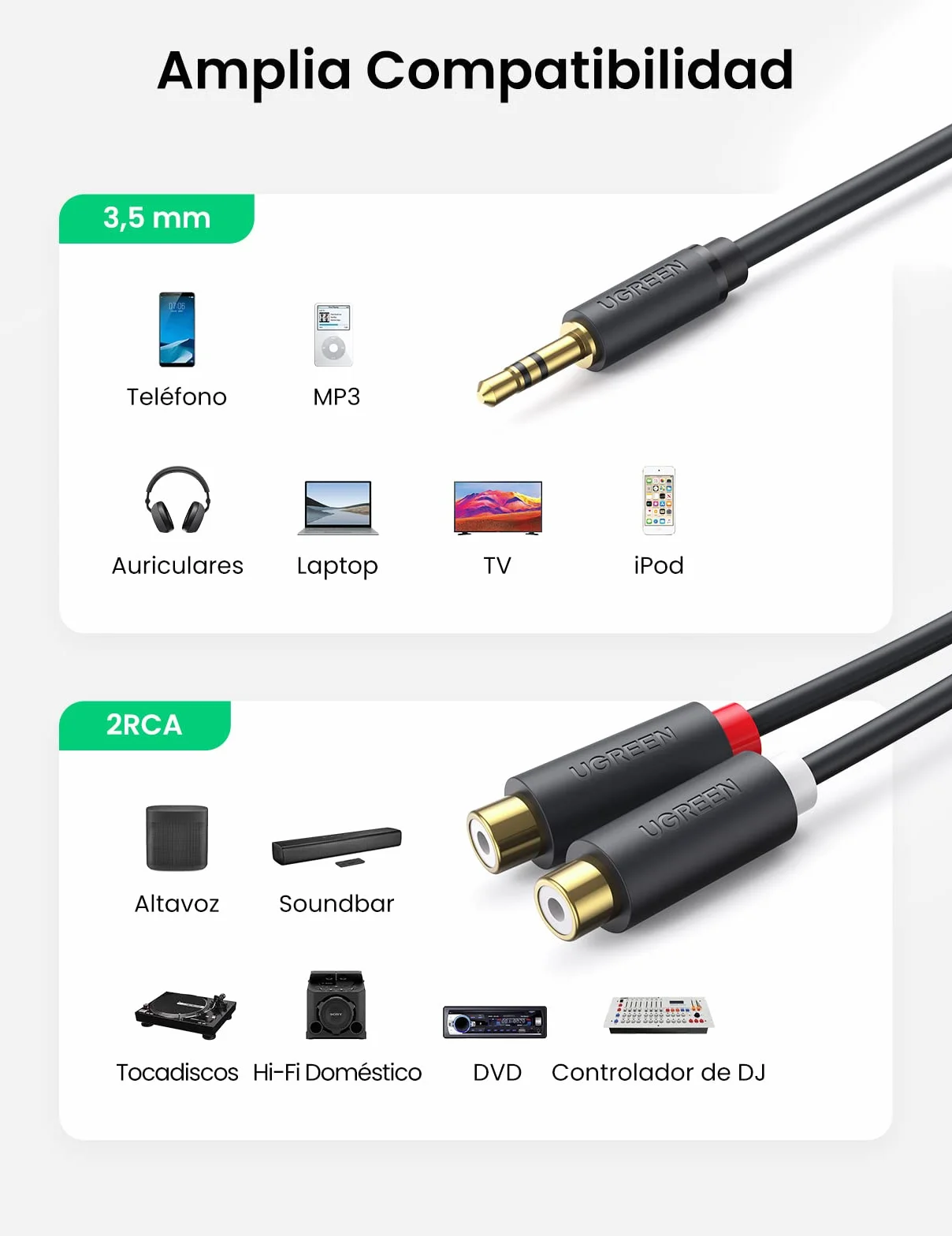 UGREEN Adaptador RCA Hembra a Minijack Cable Audio Estéreo 2RCA a Auxiliar