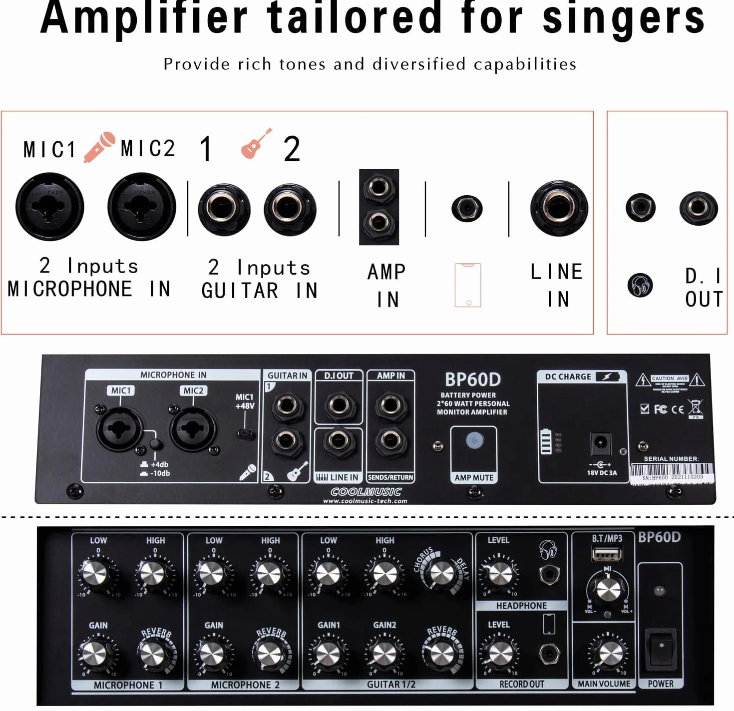 Coolmusic BP60D 60 W x 2 Altavoz Amplificador de Guitarra acústica Alimentado por batería, Altavoz Bluetooth portátil con Efecto de retardo de Coro de reverberación, 7 entradas