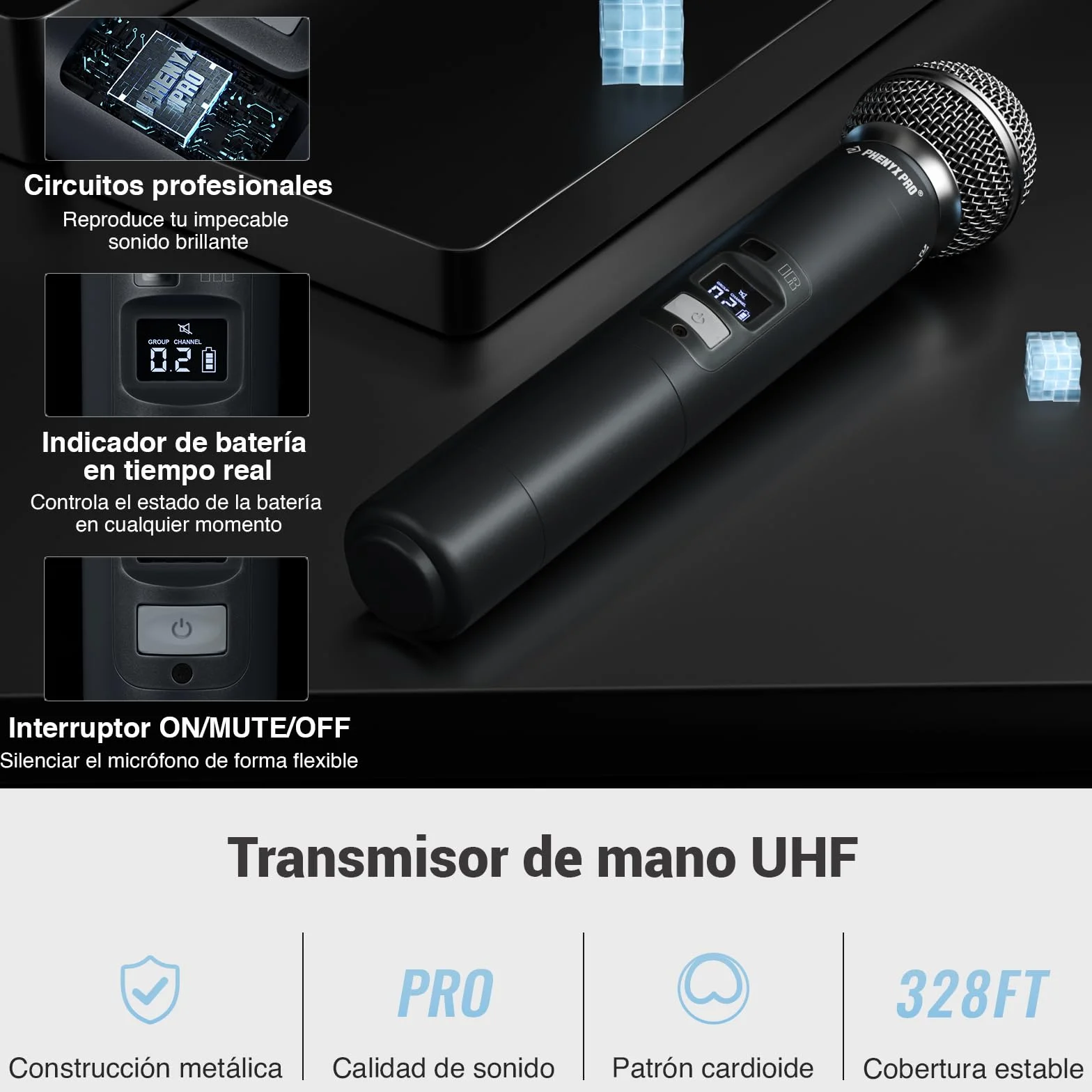 Phenyx Pro Sistema de micrófono inalámbrico Cuatro Canales, con 4x40 Frecuencias UHF, Auto Scan, 328ft de Largo Alcance, 4 micrófono dinámico de Mano para Cantar, Iglesia, Karaoke (PTU-7000-4H)