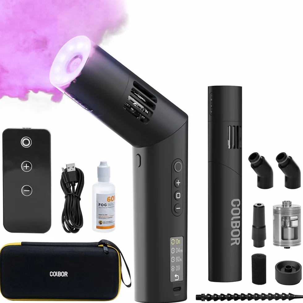 COLBOR CF5 Mini máquina de niebla portátil con luces RGB magnéticas y control remoto inalámbrico, máquina de humo de mano recargable para sesiones de fotos, efectos de escenario, Halloween, fiestas en