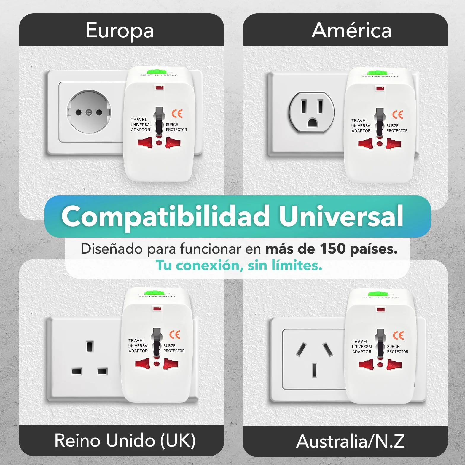 Pack de 2 – Adaptador Enchufe Universal de Viaje, Travel Adapter, Toma Internacional de Corriente, Todo en Uno – Compatible con más de 150 Países (Europa, Australia, UK, USA y más)