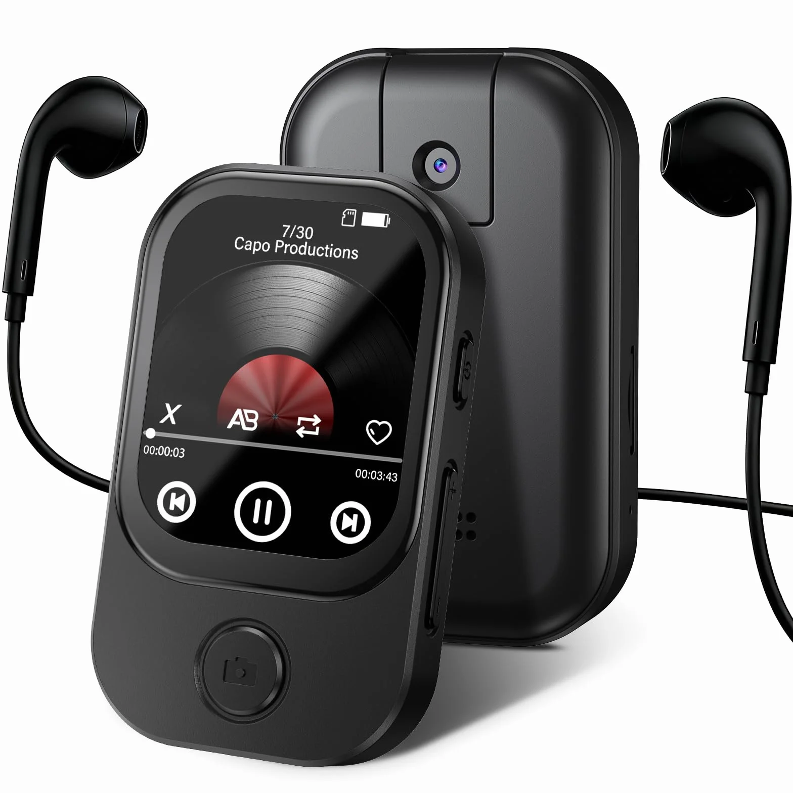 Reproductor MP3 Bluetooth 5.4 64GB Cámara Abatible 180° Altavoz HD Radio FM eBook Negro
