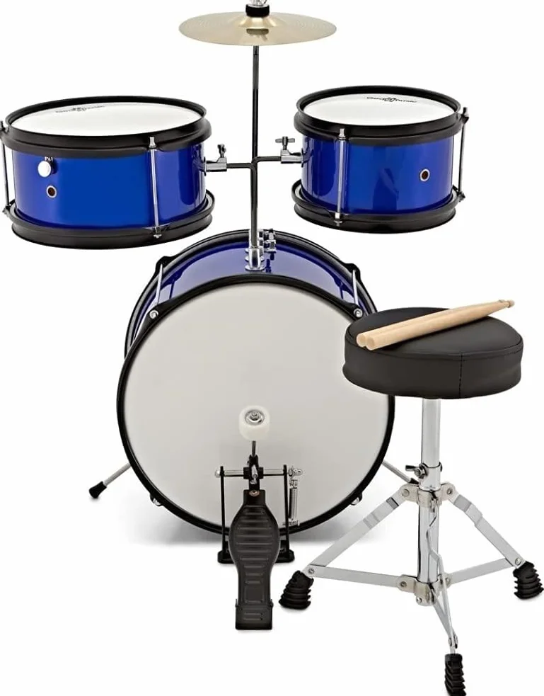 ROCKSTAR MUSIC - Batería Infantil de Madera para Jóvenes Músicos - Kit Completo de Percusión, Calidad Sonora Excepcional, Diseño Ergonómico - Incluye Asiento, Pedal de Bombo, Baquetas, Azul metalizado