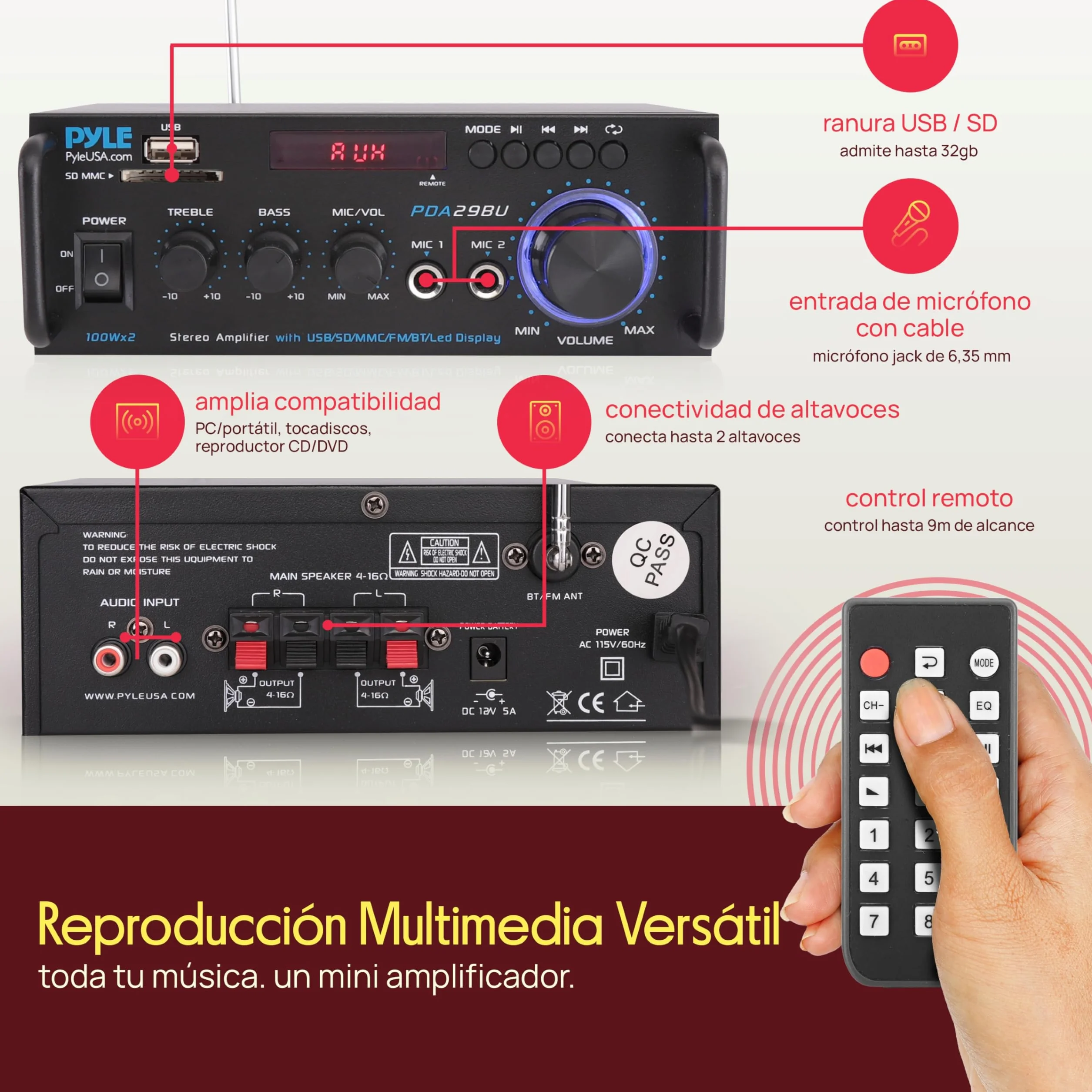 PyleUsa Receptor AV HiFi estéreo para el Hogar con RCA, USB, SD, 2 Micrófonos, Radio FM, Mando a Distancia, Sonido Envolvente para Cine en casa