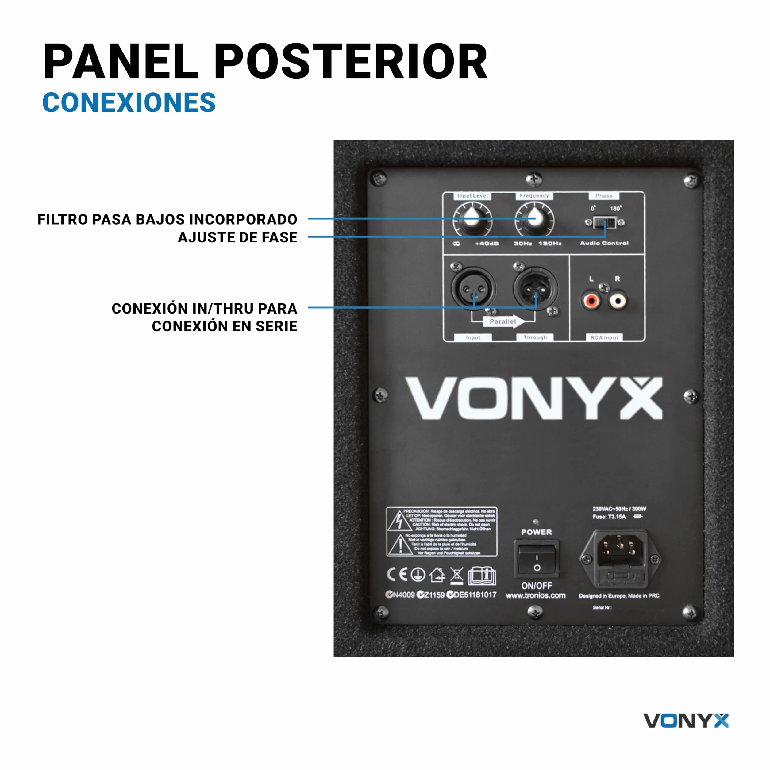 Vonyx SWA18 Subwoofer PA Activo 46cm (18") (500W Potencia máx, Conectores XLR RCA, Brida Estándar, Bass Reflex, Asa Transporte), Subwoofer Activo para DJ con Soporte y Revestimiento de Fieltro Negro