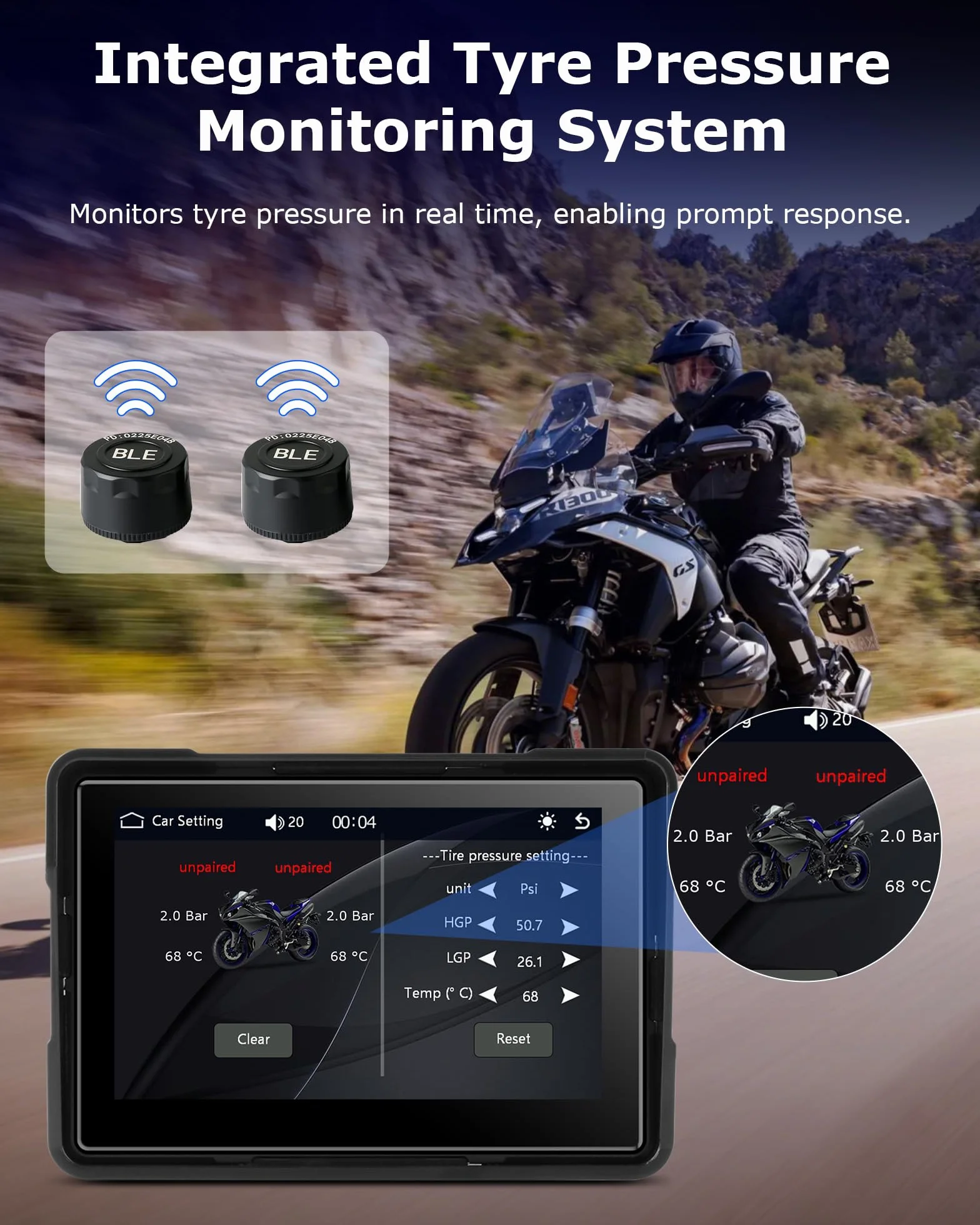 Jansite Pantalla Carplay Moto Android Auto 5 Pulgadas Navegador GPS TPMS IP67 Impermeable Inalámbrica