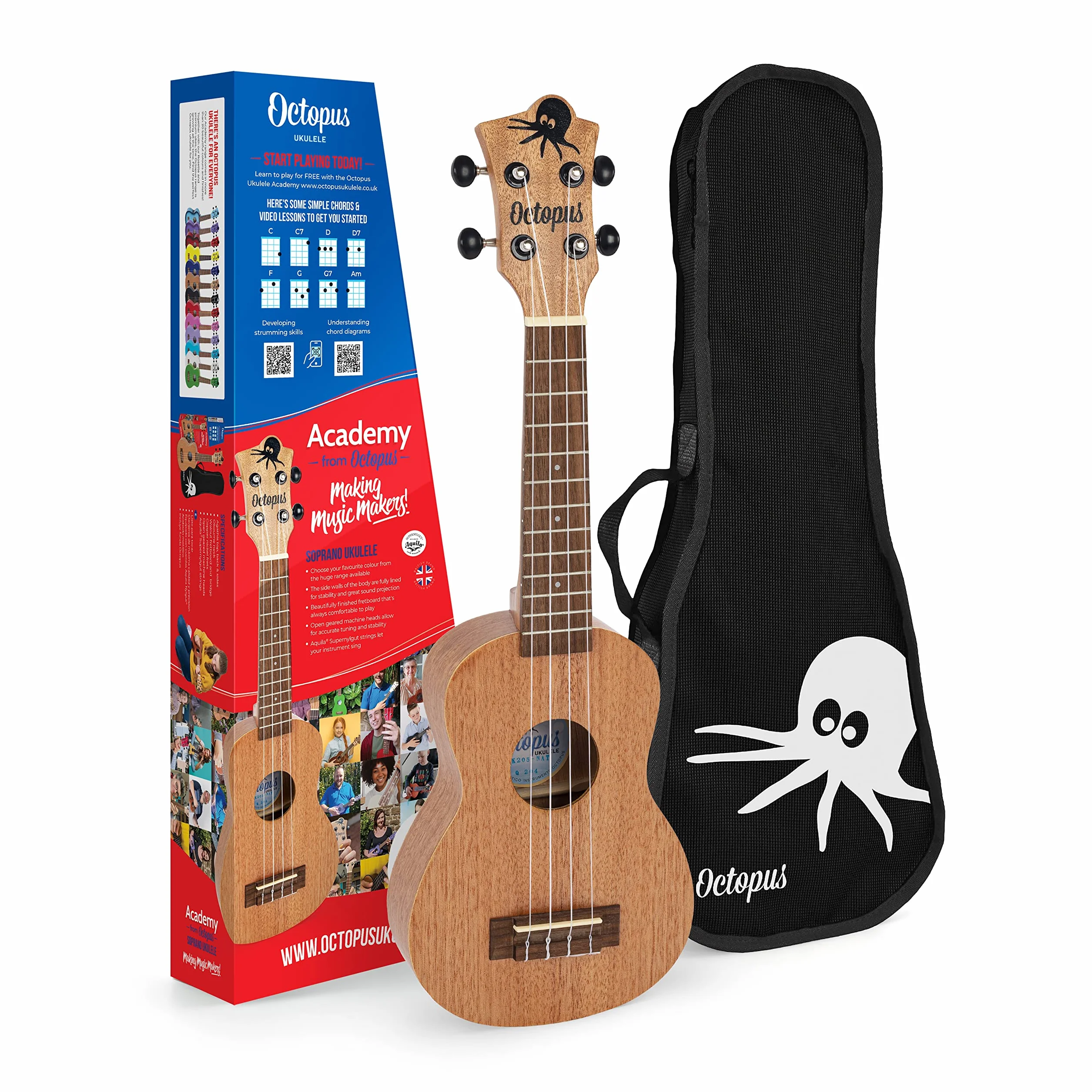 Octopus - Ukelele soprano UK205 de madera al natural, completo