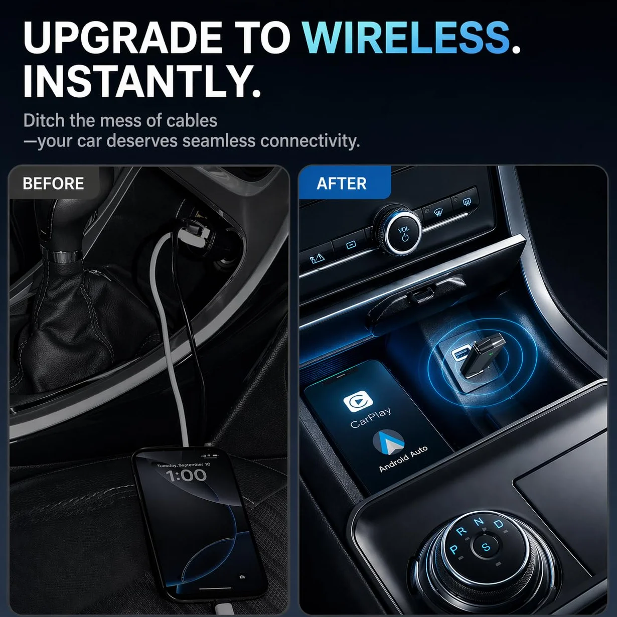 Adaptador CarPlay Inalámbrico, Android Auto Inalámbrico Wi-Fi 5,8GHz Plug & Play, iOS 10+ Android 10+, Conexión Rápida para Coches 2016+