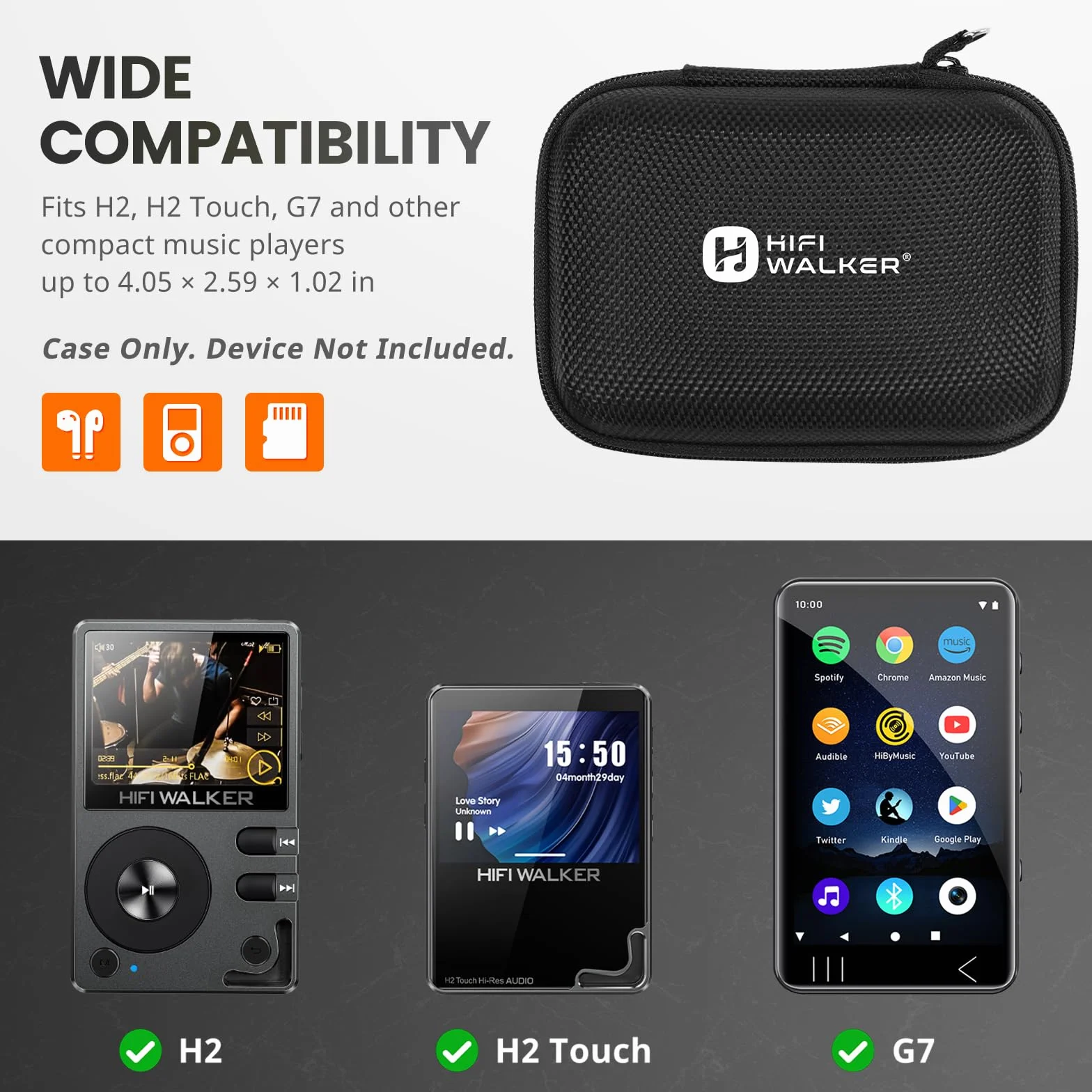 Funda para Reproductor MP3 Compatible con HIFI WALKER H2, H2 Touch y G7, Estuche Rígido Portátil de EVA para Auriculares, Cable USB y Tarjetas de Memoria, Solo Funda